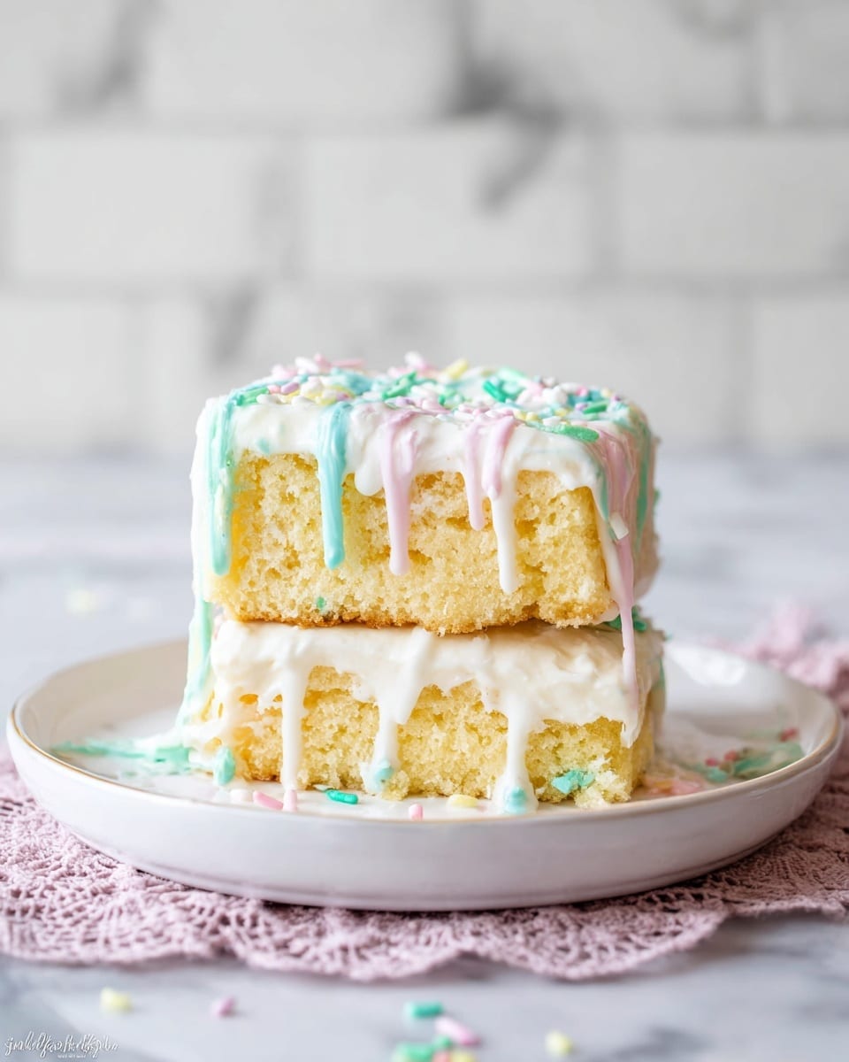 A small, two-layer vanilla cake sits on a white plate with a lace cloth underneath, placed on a white marbled surface. The cake is covered in smooth white icing with pastel-colored drizzle in blue, pink, and green running down the sides. The top layer is split from the bottom, showing the soft, light yellow cake texture with a thin layer of white cream filling inside. Colorful round sprinkles in pastel shades are scattered lightly on top and around the cake base. The background is a soft clouded white tile pattern. Photo taken with an iphone --ar 4:5 --v 7