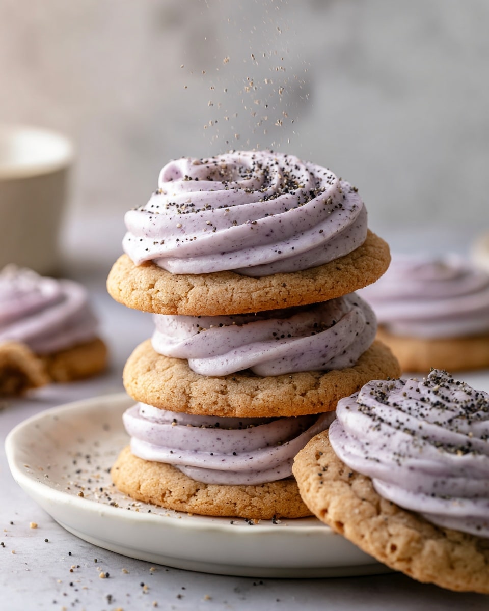 A stack of three soft brown cookies on a white plate with pale purple cream swirled between each cookie layer and on top, sprinkled with small black specks. To the side, there are more cookies, one broken in half showing the crumbly inside, all with the same purple cream topping. The background is a white marbled texture. Tiny particles are falling onto the top cookie, suggesting fresh spice or powder. Photo taken with an iphone --ar 4:5 --v 7