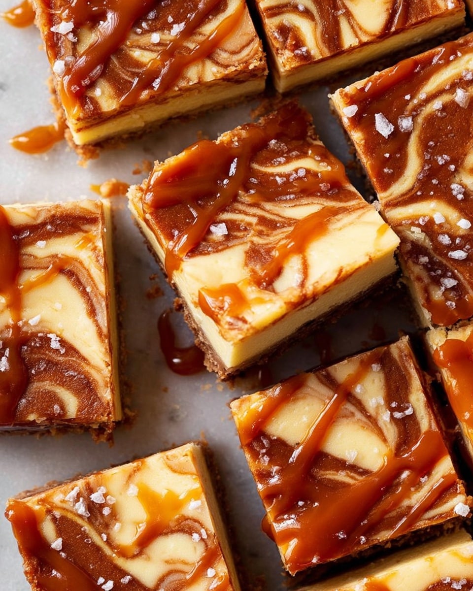 A close-up view of three cut cheesecake bars arranged on a white marbled surface, each bar showing three layers: the bottom layer is a crumbly dark brown crust, the middle layer is a creamy pale yellow cheesecake, and the top layer has swirls and pockets of light brown caramelized apple pieces. The bars are drizzled with thick, glossy, dark caramel sauce that runs down the sides and pools slightly on the surface. The texture of the cheesecake looks smooth and dense, while the caramel and apple pieces add a sticky and chunky contrast. photo taken with an iphone --ar 4:5 --v 7