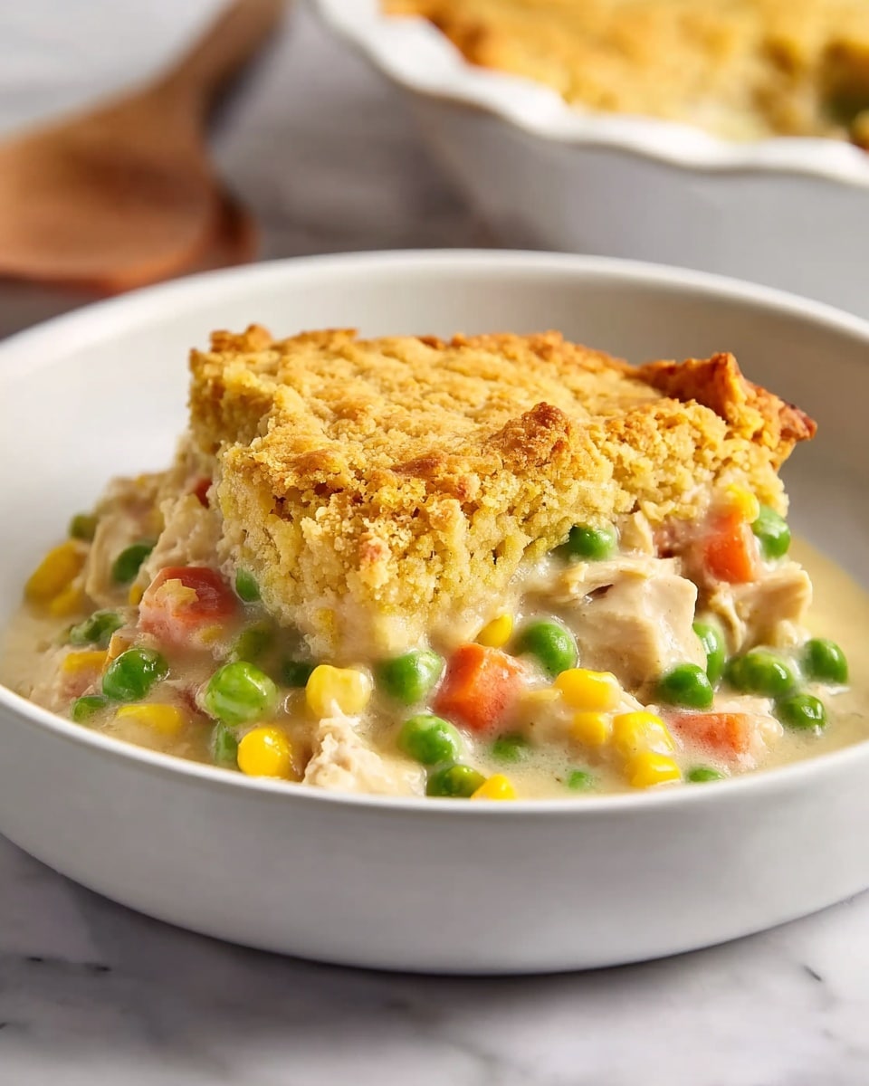A white bowl holds a serving of layered chicken pot pie, with a thick golden brown crust on top that looks crumbly and textured. Below the crust is a creamy mixture filled with bright green peas, orange carrot pieces, yellow corn kernels, and chunks of white chicken, all coated in a smooth, thick sauce. The bowl sits on a white marbled surface, and in the background, there is a blurry white plate with another slice of the pot pie. photo taken with an iphone --ar 4:5 --v 7