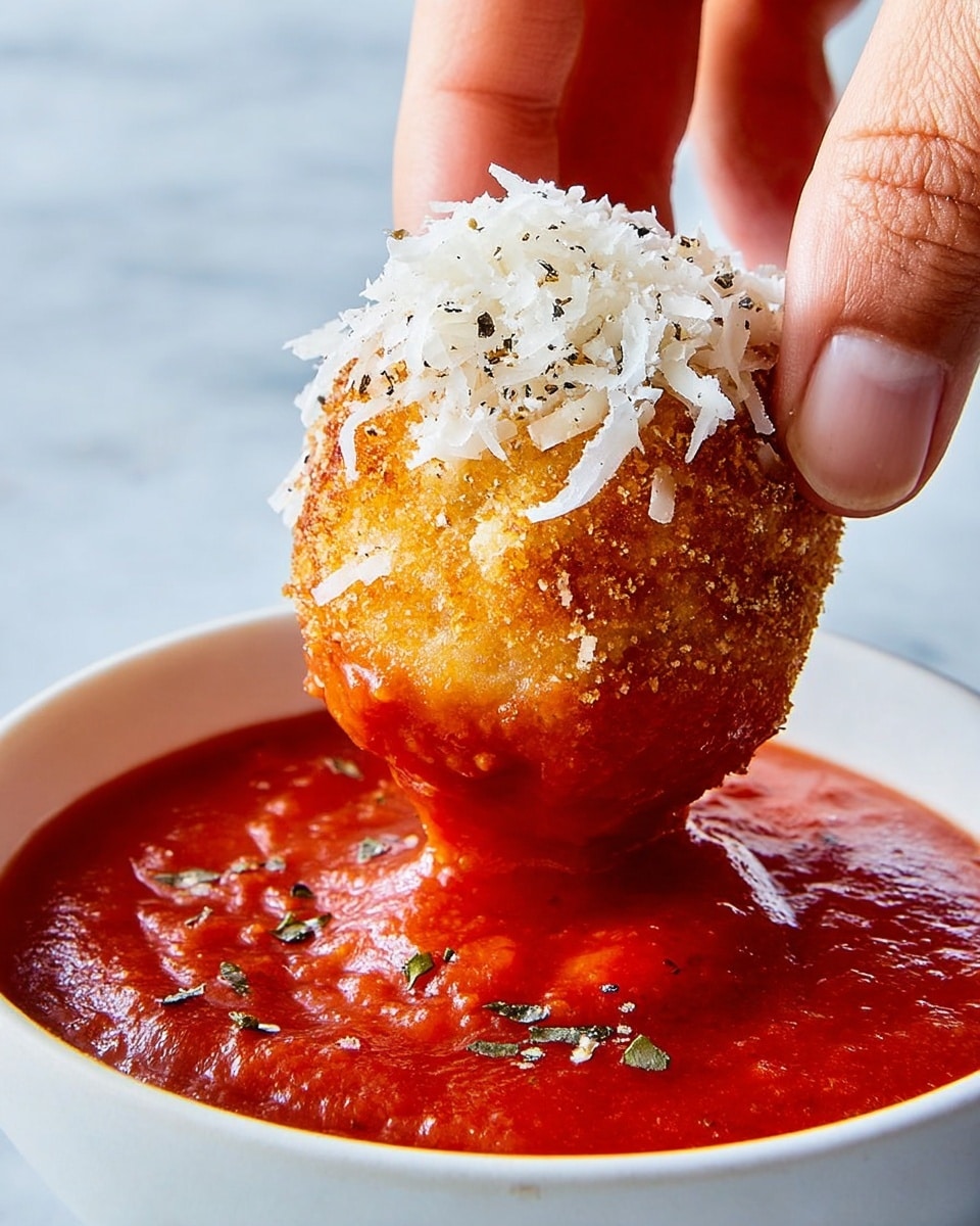 A close-up of a woman’s hand holding a small round fried ball with a crispy golden brown texture, dipped halfway into a bowl of thick red tomato sauce. The ball is topped with a layer of finely grated white cheese with some black pepper sprinkled on top. The white bowl is filled with the red sauce, which looks smooth and slightly chunky. The background is a plain white marbled texture. Photo taken with an iphone --ar 4:5 --v 7