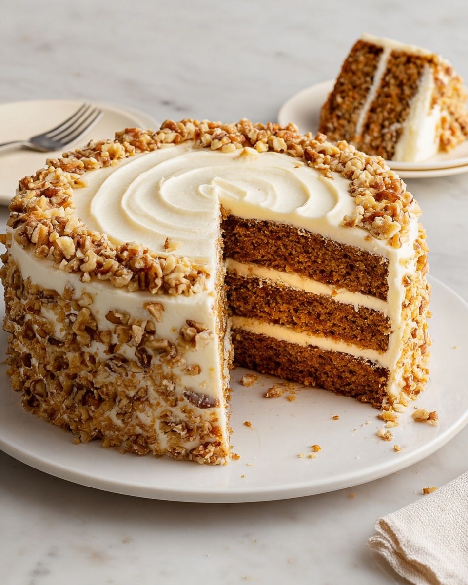 The image shows a round, four-layer carrot cake with light brown textured cake layers filled with white creamy frosting between each layer. The cake is fully covered outside with smooth white cream frosting, and the top is decorated around the edge with chopped walnuts in a rough circular pattern. A slice is cut out, revealing the inner layers, and the whole cake sits on a white plate on a white marbled surface. In the background, there is a white plate with the removed slice and a fork, partially visible. Photo taken with an iphone --ar 4:5 --v 7