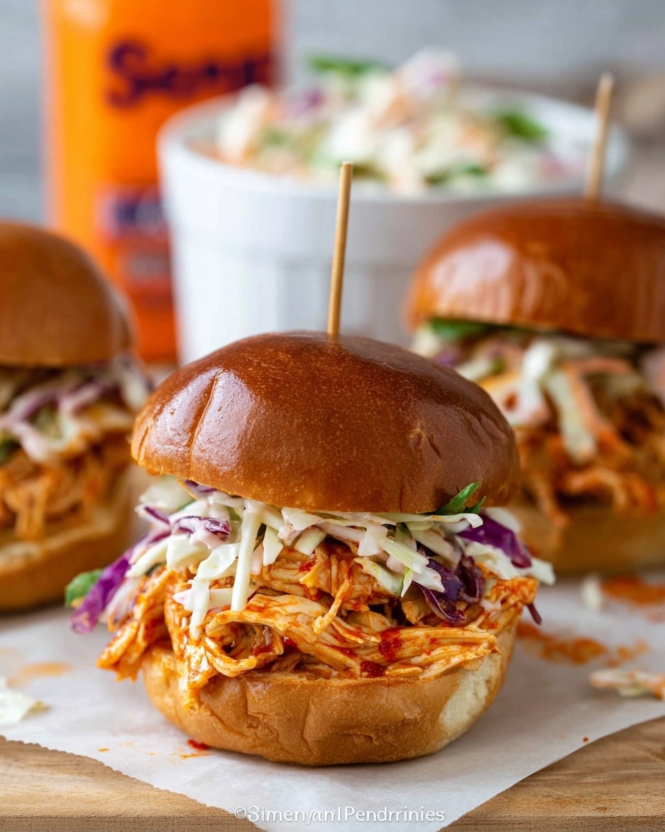 A close-up of a sandwich with three visible layers: the top layer is a shiny brown bun with a wooden skewer stuck in the middle; the middle layer is shredded chicken coated in a bright orange sauce mixed with shredded white and purple cabbage with some green leaves peeking through; the bottom layer is the bottom part of the brown bun. The sandwich sits on a piece of white parchment paper on a light wooden surface with a blurred white bowl of coleslaw and an orange bottle in the background. photo taken with an iphone --ar 4:5 --v 7