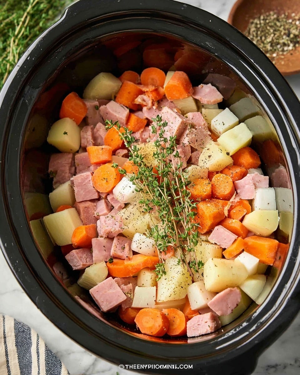 A close-up image of a black slow cooker filled with roughly chopped pale orange carrots, white onion pieces, light yellow potato chunks, and light pink ham cubes, all mixed together. Fresh green thyme sprigs lay on top, with a sprinkle of black pepper and dried green herbs scattered over the ingredients. Around the slow cooker, there is a white marbled surface visible with a small bowl of mixed black and white pepper and a striped cloth partially in view. photo taken with an iphone --ar 4:5 --v 7