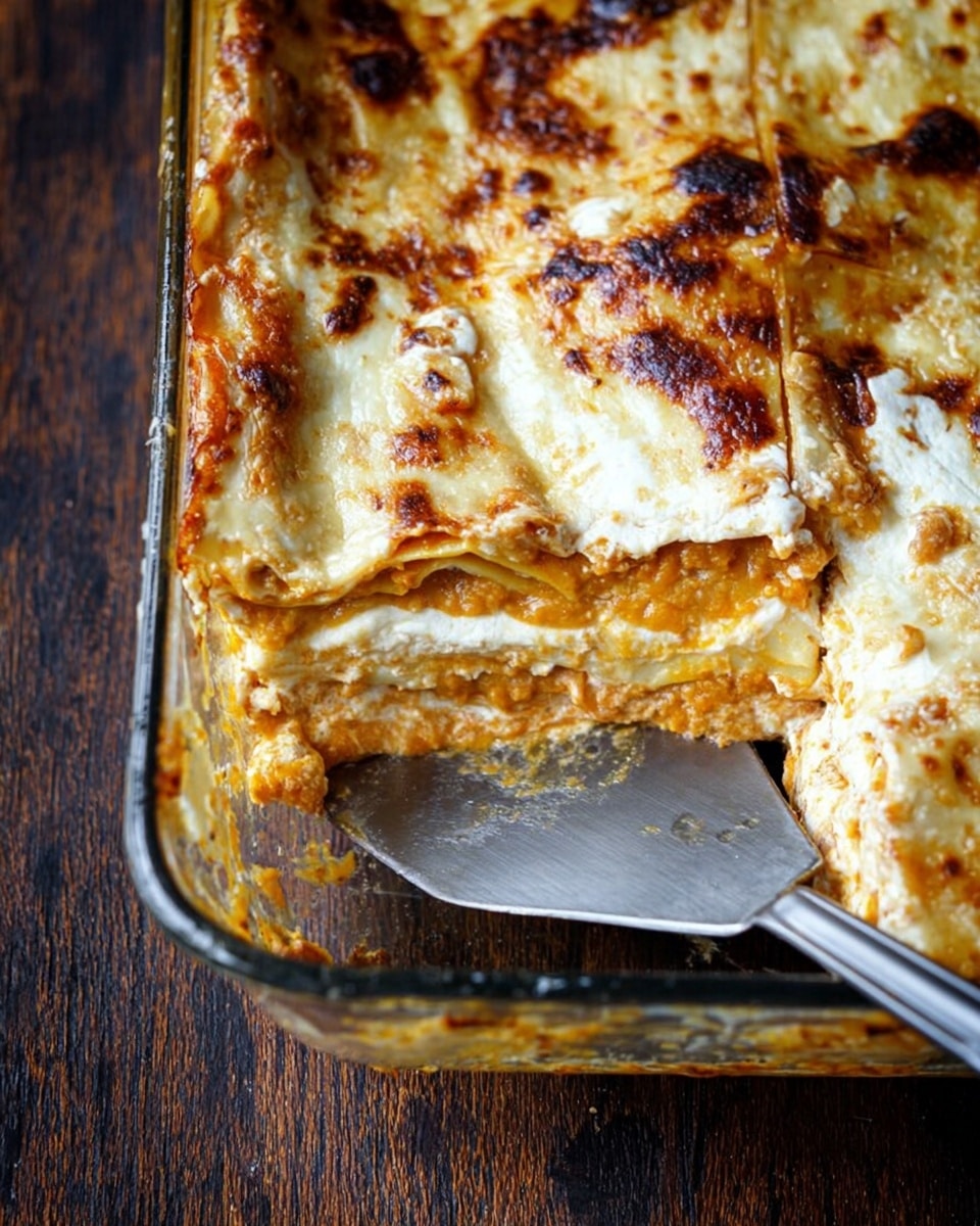 A close-up view of a glass baking dish filled with several layers of lasagna, showing a golden brown, slightly crisp top layer of melted cheese with some browned spots. Below the top layer, there are at least three more layers visible: creamy white cheese or béchamel, light brown pasta sheets, and an orange filling that could be pumpkin or squash, all stacked evenly. The edges show some melted cheese that has browned slightly and a bit of the filling peeks out between the layers. A silver spatula is resting on the top edge of the dish. The dish is sitting on a dark wooden surface. Photo taken with an iphone --ar 4:5 --v 7