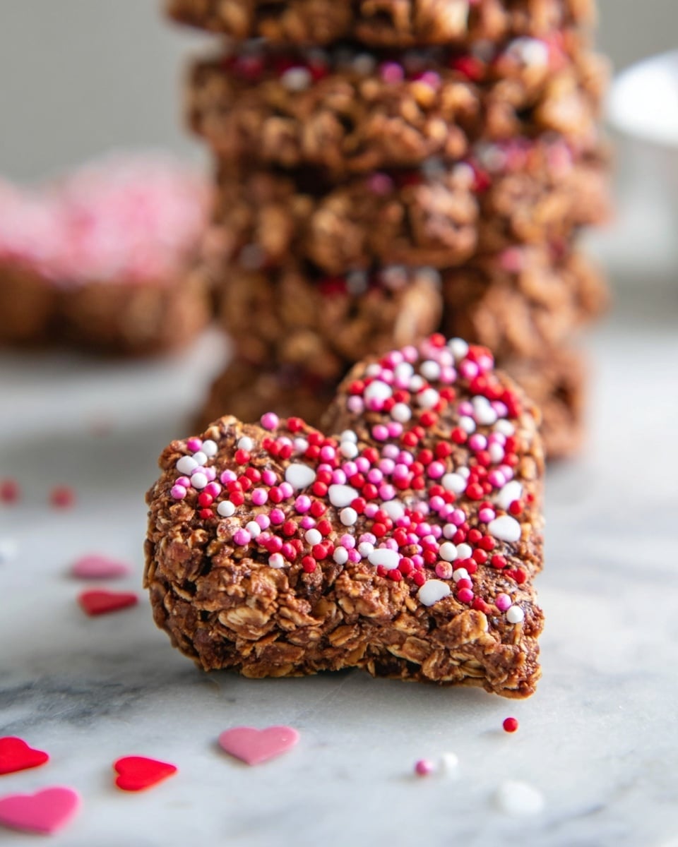 A close-up of a heart-shaped granola bar held by a woman's hand, showing its brown, textured surface with oats mixed in, topped with small red, pink, and white round sprinkles. In the background, there is a white bowl filled with oats on the left side and two more heart-shaped granola bars with sprinkles on the right side, all resting on a white marbled surface scattered with small red and white heart-shaped sprinkles and oats. A white cloth with red heart patterns is partly visible in the upper left corner. photo taken with an iphone --ar 4:5 --v 7