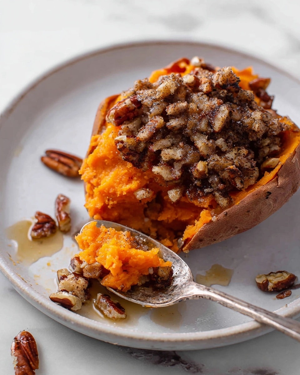 A baked sweet potato cut open with two main layers visible: the bottom layer is bright orange and soft, mashed sweet potato, and the top layer is a darker, chunky pecan topping with a glossy, sticky texture that looks like it has syrup or glaze. The sweet potato is on a plain white plate with some pecan pieces and a small drop of syrup around it. A spoon is scooping into the baked sweet potato showing the soft interior and pecan topping. The background surface is white marble. photo taken with an iphone --ar 4:5 --v 7