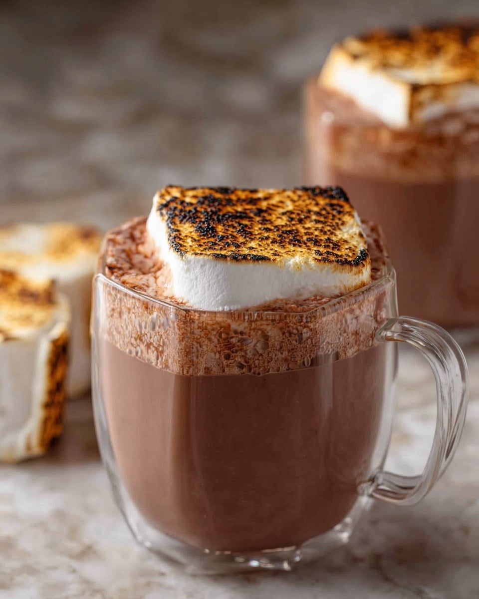 The image shows a clear glass mug filled with rich, creamy brown hot chocolate, topped with a single large toasted white marshmallow that has golden and dark brown spots from toasting directly on the surface. In the background, there is another similar mug with the same drink and marshmallow, slightly out of focus, along with an extra toasted marshmallow resting on a white marbled texture. The drink layers include the smooth brown hot chocolate at the bottom and the thick, toasted marshmallow on top, creating a warm and cozy feel. photo taken with an iphone --ar 4:5 --v 7