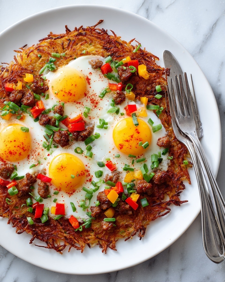A round breakfast dish cut into four slices is shown on a white plate, placed on a white marbled surface. The base layer is crispy and browned, topped with a golden-yellow melted cheese layer. On top of the cheese, there is a cooked sausage layer with small browned meat chunks scattered evenly. Each slice has a fried egg with a bright yellow yolk in the center and white edges. Small green onion pieces and red bell pepper bits are sprinkled on top, adding color and freshness. The dish looks warm and savory, with slightly crispy edges. Photo taken with an iphone --ar 4:5 --v 7