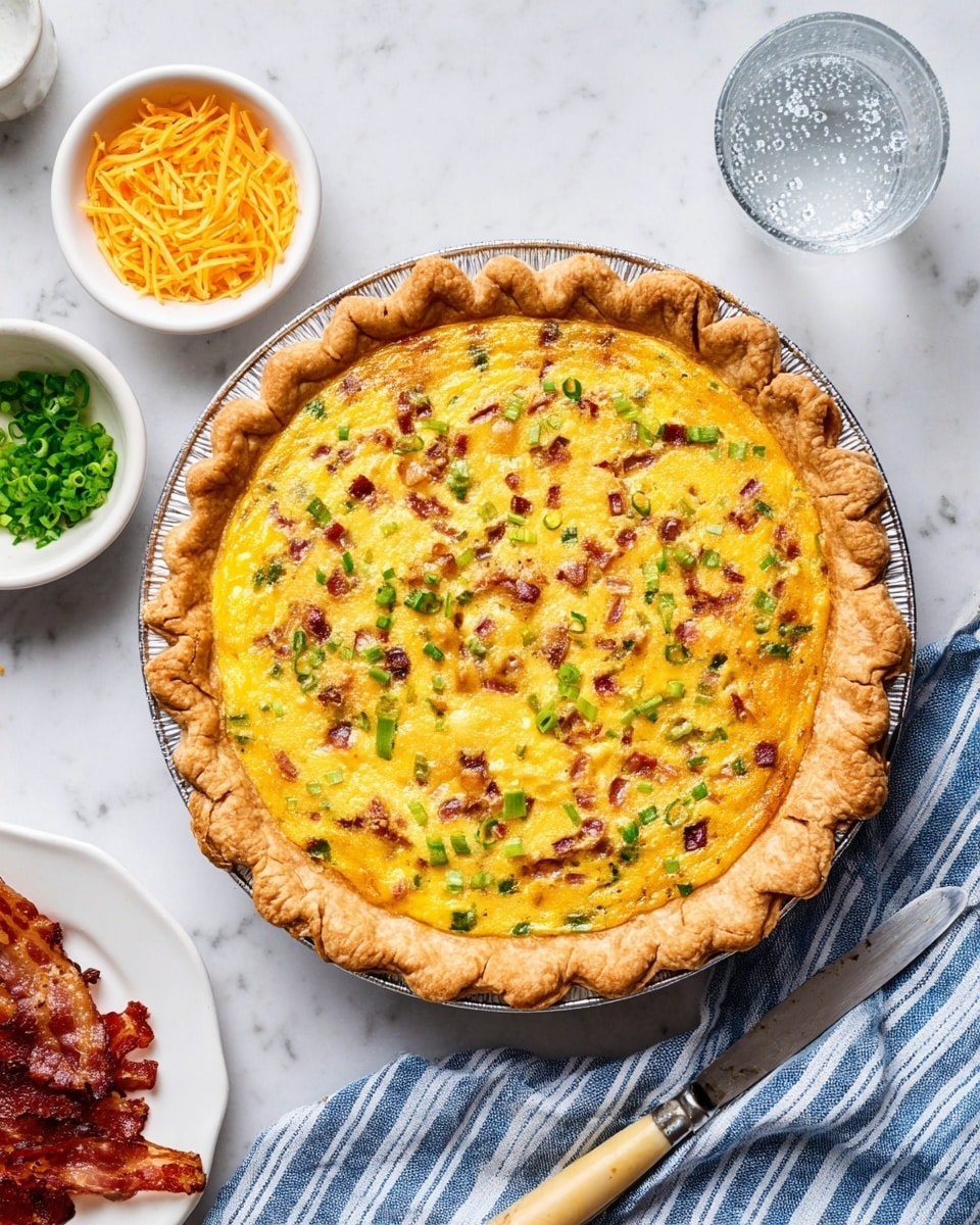 A slice of quiche with a thick, golden brown crust that shows crimped edges sits on a white plate resting on a white marbled surface. The quiche filling is yellow and creamy with small pieces of green onions and bits of bacon inside, creating a textured look. On top, bright green onion slices are scattered, adding a fresh pop of color. A silver fork lies beside the quiche slice on the plate. photo taken with an iphone --ar 4:5 --v 7