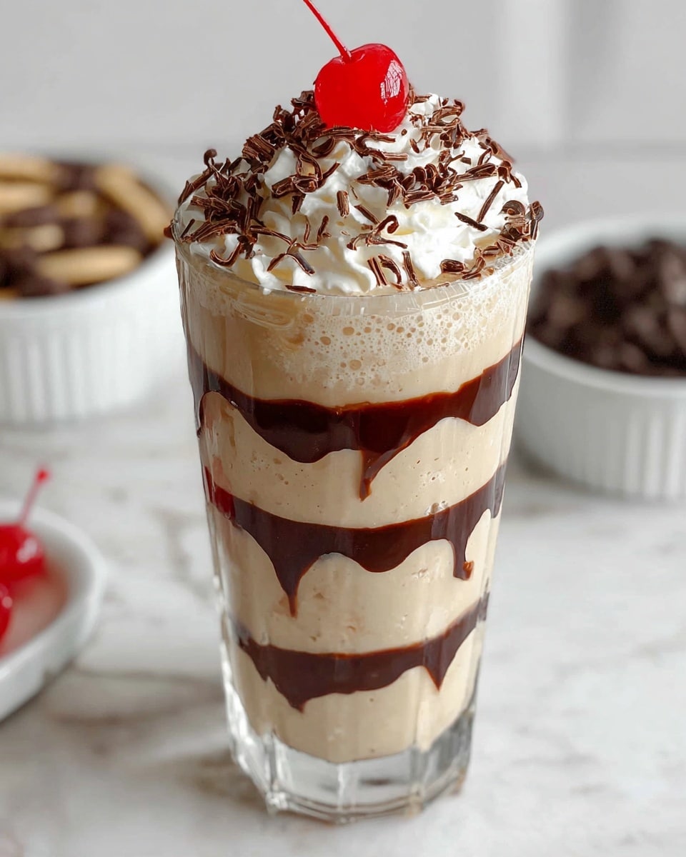 A tall clear glass filled with seven visible layers of creamy beige milkshake, each separated and bordered by thin, dark brown chocolate syrup lines. The top layer is thick white whipped cream sprinkled with curly chocolate shavings and crowned with a shiny bright red maraschino cherry with its stem. Some chocolate syrup decorates the inside of the glass near the rim. The glass sits on a white marbled surface, with blurred white dishes containing chocolate shavings and cookies in the background. Photo taken with an iphone --ar 4:5 --v 7