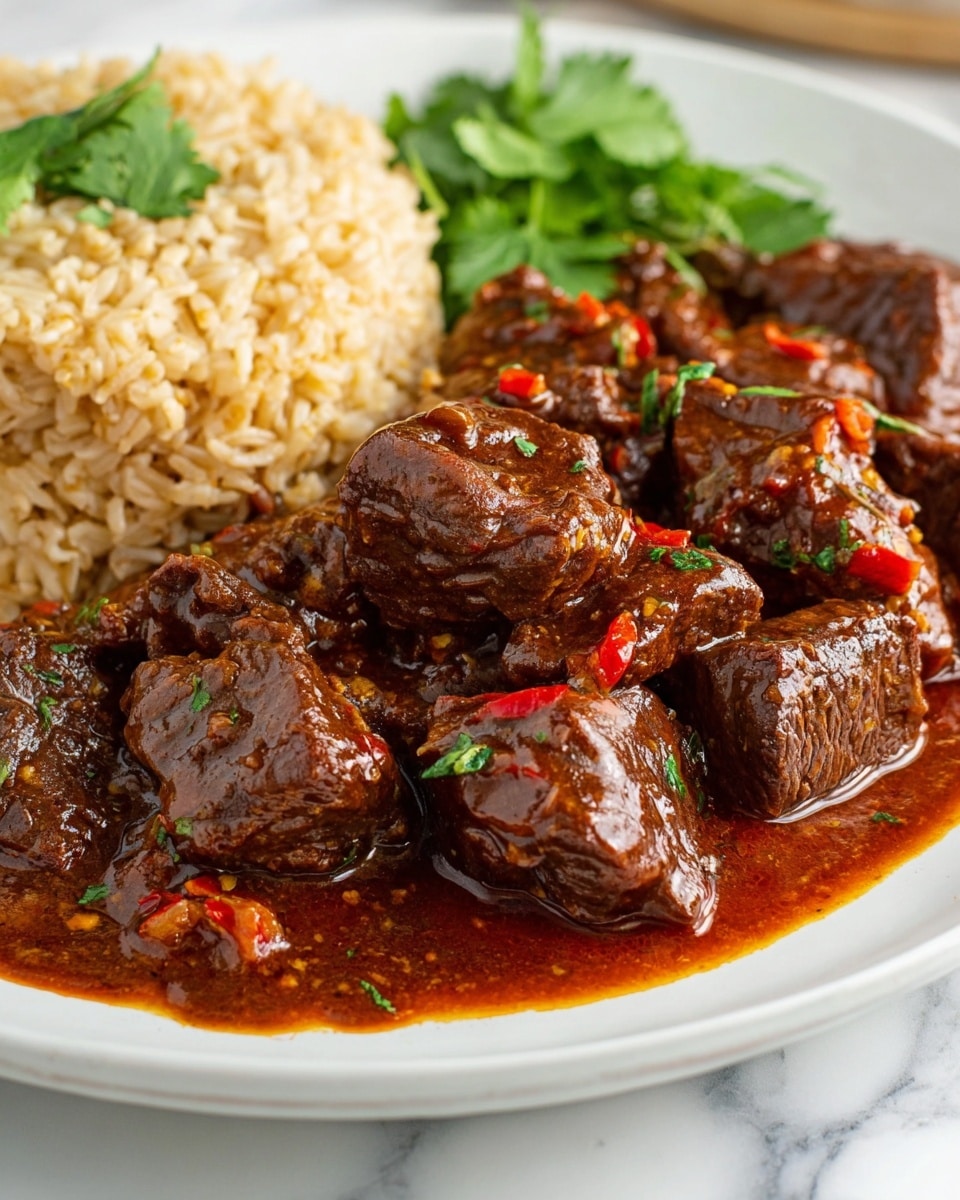 The image shows a close-up of a thick, dark brown stew with large chunks of tender meat coated in a rich sauce. The sauce is glossy and deep reddish-brown, with visible bits of cooked onions and spices, giving it a textured look. A spoon with a blue and white handle holds several pieces of the meat out of the pot, showing the meat’s fibrous texture and the sauce clinging to it. The stew fills a white pot with sauce splatters on the sides, and the background features a white marbled texture. photo taken with an iphone --ar 4:5 --v 7
