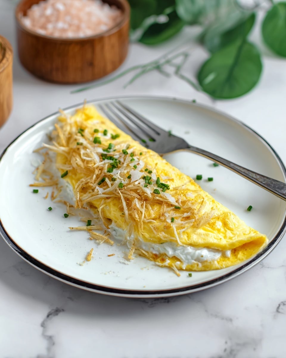 The image shows a folded omelette placed on a white plate with a thin black rim. The omelette has a smooth yellow surface and is filled with white cream visible at the edges. On top, there is a layer of light golden crispy potato sticks and small green chive pieces scattered over. A silver fork rests diagonally on the plate beside the omelette. The plate is set on a white marbled surface, and in the background are some green leaves and a wooden container filled with pink salt. photo taken with an iphone --ar 4:5 --v 7