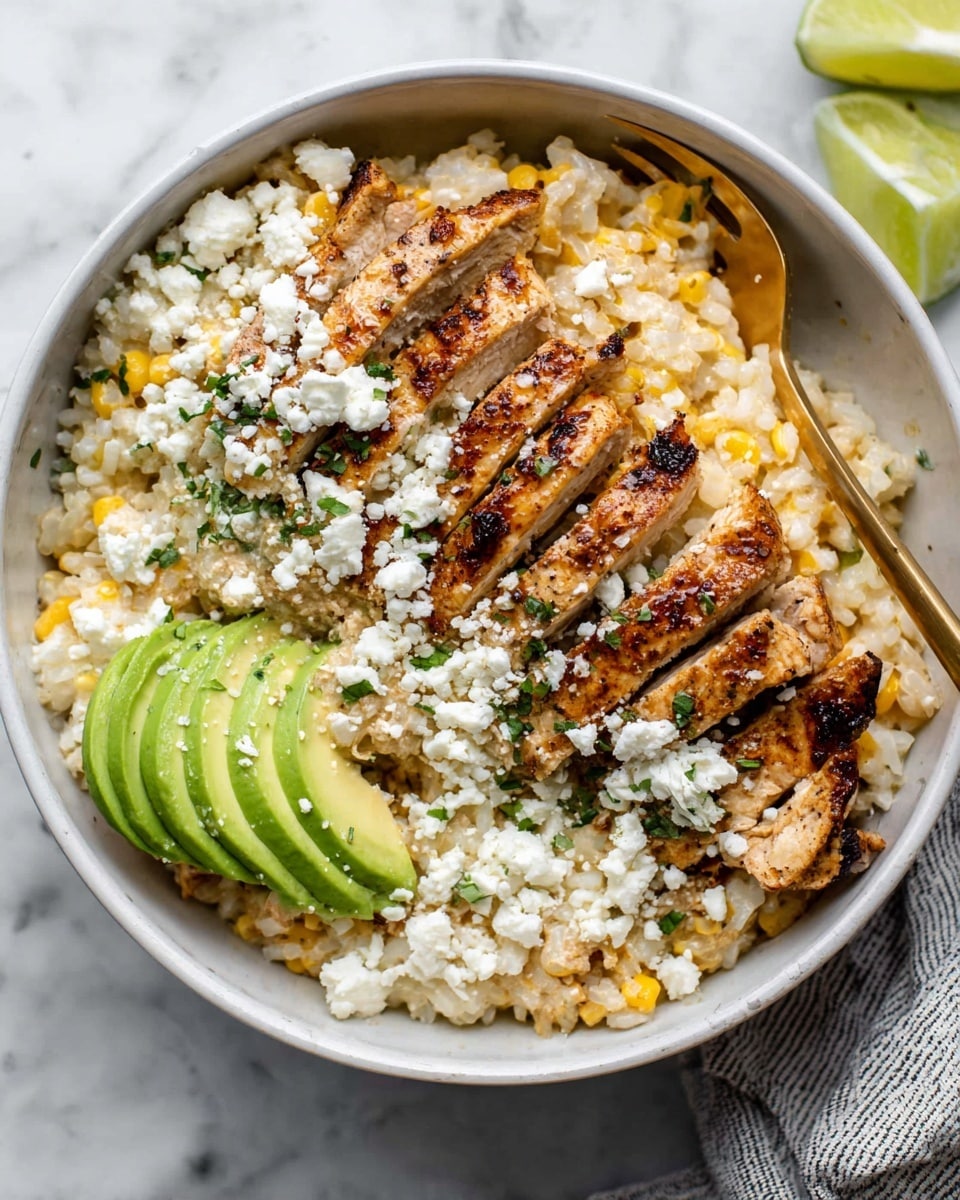 The dish is served in a white bowl resting on a white marbled surface. The base layer consists of white rice mixed with creamy corn kernels and small bits of cheese, creating a textured yellow and white bed. On top of this, slices of grilled chicken with a browned and slightly charred exterior are fanned out neatly, sprinkled with crumbled white cheese and small green herb pieces. To one side, slices of light green avocado are placed in a neat row, and two lime wedges with pale green flesh sit by the edge of the bowl. A gold fork rests inside the bowl, partially under the rice mixture. The overall look is fresh with a mix of earthy and creamy colors. Photo taken with an iphone --ar 4:5 --v 7