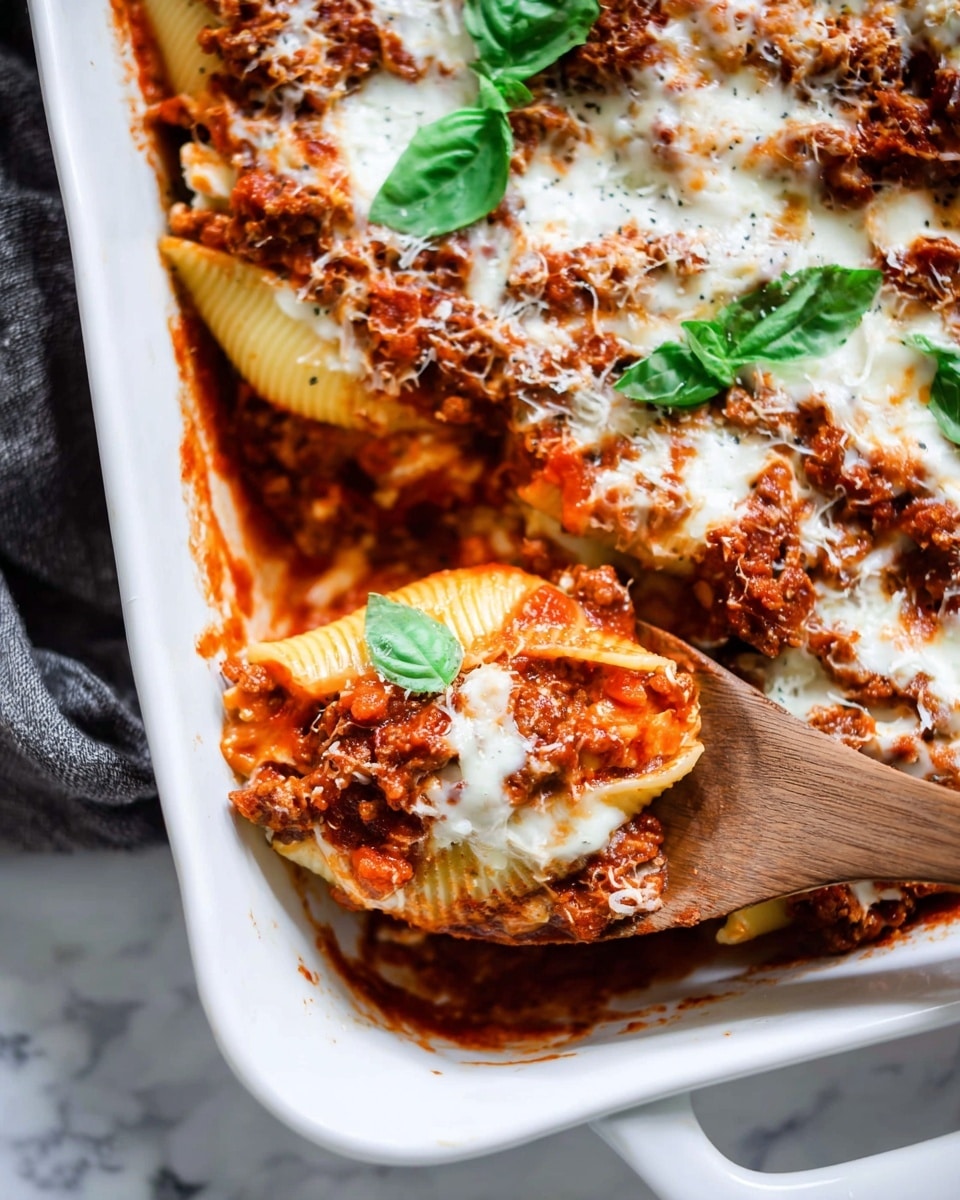 A close-up of baked stuffed pasta shells in a white rectangular dish resting on a white marbled surface, showing three main layers: large pasta shells filled with a creamy white cheese mixture, topped with a chunky red tomato meat sauce with bits of browned ground meat, and covered with melted white cheese that is slightly browned in spots; bright green basil leaves are scattered on top for color contrast, and a wooden spoon holds a scoop of the layered pasta mixture, revealing the detailed texture of the filling and sauce inside the shell. Photo taken with an iphone --ar 4:5 --v 7