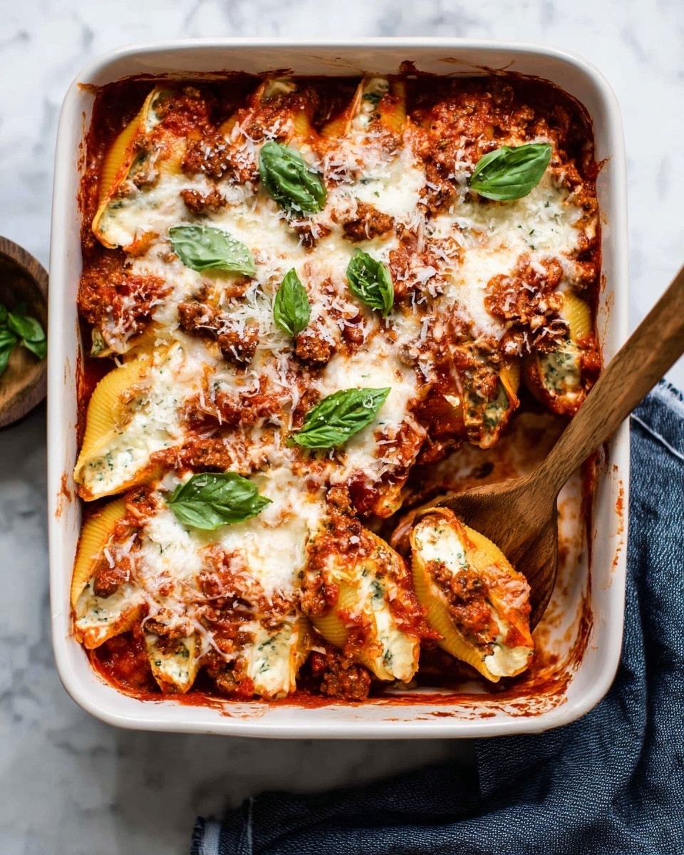 A white rectangular baking dish filled with three layers of stuffed pasta shells covered in red tomato sauce. The bottom layer consists of jumbo pasta shells filled with creamy white cheese, topped with a layer of chunky meat sauce in brown and red tones. The top layer is melted white cheese sprinkled unevenly, with fresh green basil leaves scattered over the surface. A wooden spoon is scooping out some of the pasta shells from the bottom right corner, showing the soft texture and sauce underneath. The dish sits on a white marbled surface, with a dark blue cloth partially visible near the bottom edge. Photo taken with an iphone --ar 4:5 --v 7