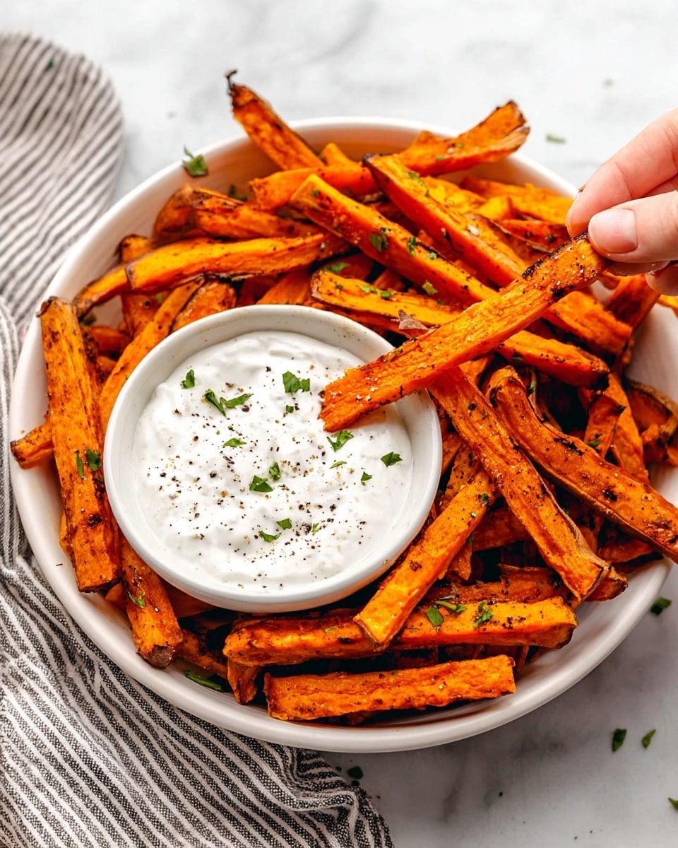 A white bowl filled with many orange sweet potato fries, some edges slightly charred, giving a crispy texture; in the center of the bowl sits a smaller white bowl filled with thick white creamy dip sprinkled with black pepper and green herbs; one sweet potato fry is dipped into the sauce, slightly lifted by a woman's hand, and there are small pieces of green herbs scattered on the fries; the bowl is set on a white marbled surface with a striped cloth nearby. photo taken with an iphone --ar 4:5 --v 7