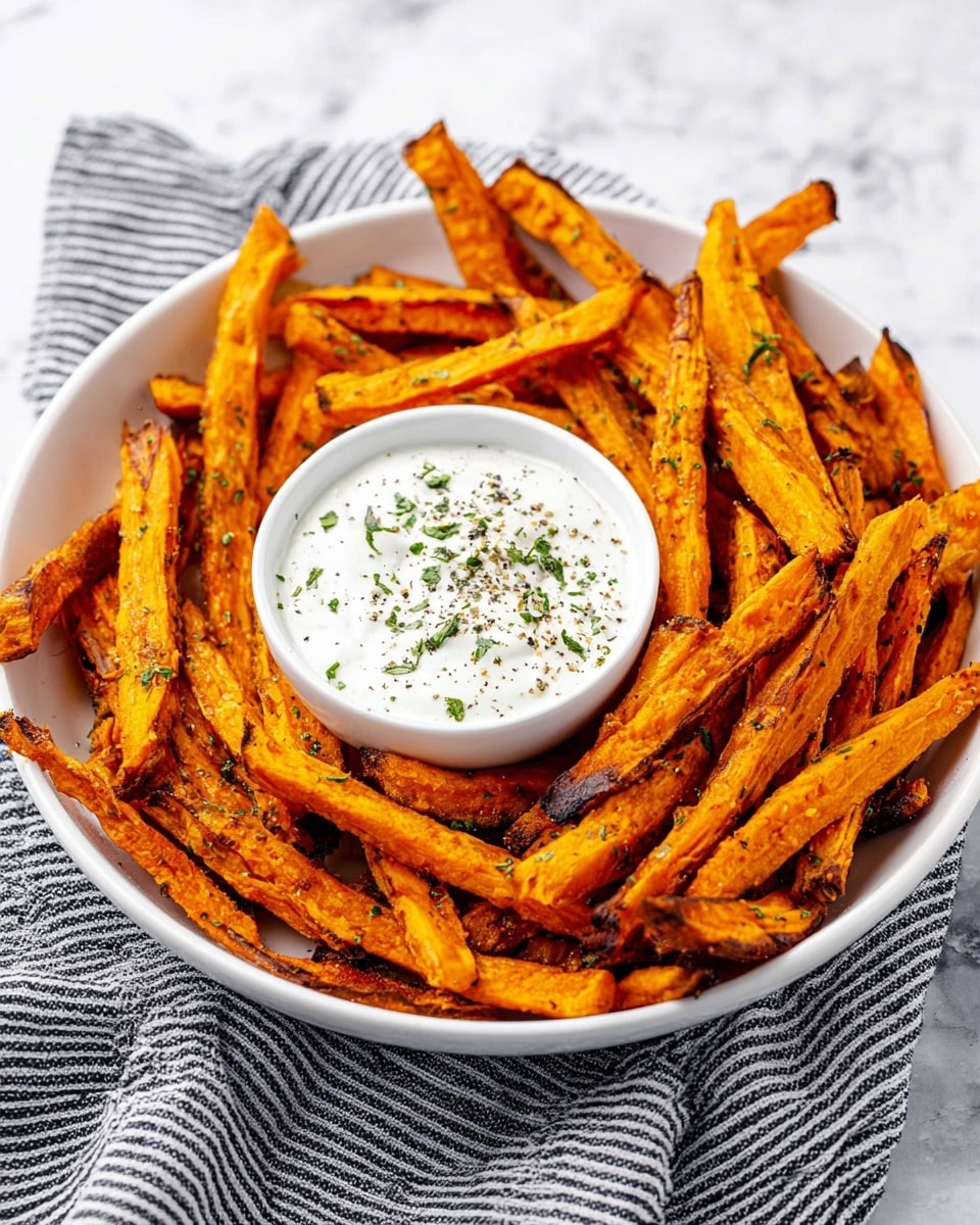 A white bowl filled with one layer of golden-orange sweet potato fries that have a slightly crispy texture with some darker roasted edges, sprinkled with small green herb pieces. In the center of the bowl, a small white bowl contains a creamy white dip topped with black pepper and green herbs. The bowl sits on a white marbled surface next to a black and white striped cloth. photo taken with an iphone --ar 4:5 --v 7