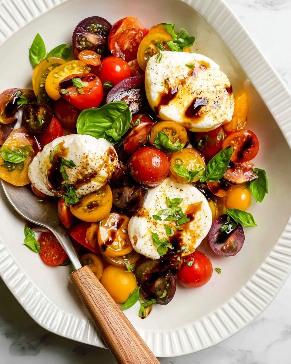 A white plate with ridged edges holds a colorful salad made of many halved cherry tomatoes in red, yellow, and dark purple. Scattered fresh green basil leaves add brightness on and among the tomatoes. On top, there are three large round pieces of creamy white cheese, each lightly browned inside and drizzled with thick dark balsamic glaze. Some black pepper is sprinkled over the cheese and tomatoes. A metal spoon with a wooden handle rests on the plate's left side, partially under the salad. The plate sits on a white marbled surface. photo taken with an iphone --ar 4:5 --v 7