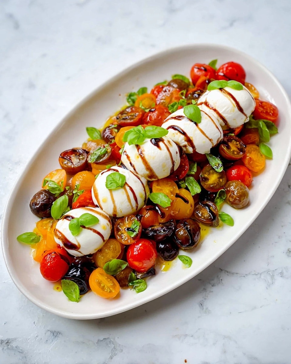 A white oval plate holds a colorful salad arranged in three layers; the bottom layer is a mix of halved cherry tomatoes in shades of red, yellow, and dark brown with a juicy, glossy texture. The middle layer consists of small bright green basil leaves scattered evenly over the tomatoes. On top, there are four large, smooth, white mozzarella cheese balls placed spaced apart, each drizzled with dark brown balsamic glaze in thin lines. More basil leaves and drops of balsamic glaze decorate the plate, all set on a white marbled surface. photo taken with an iphone --ar 4:5 --v 7
