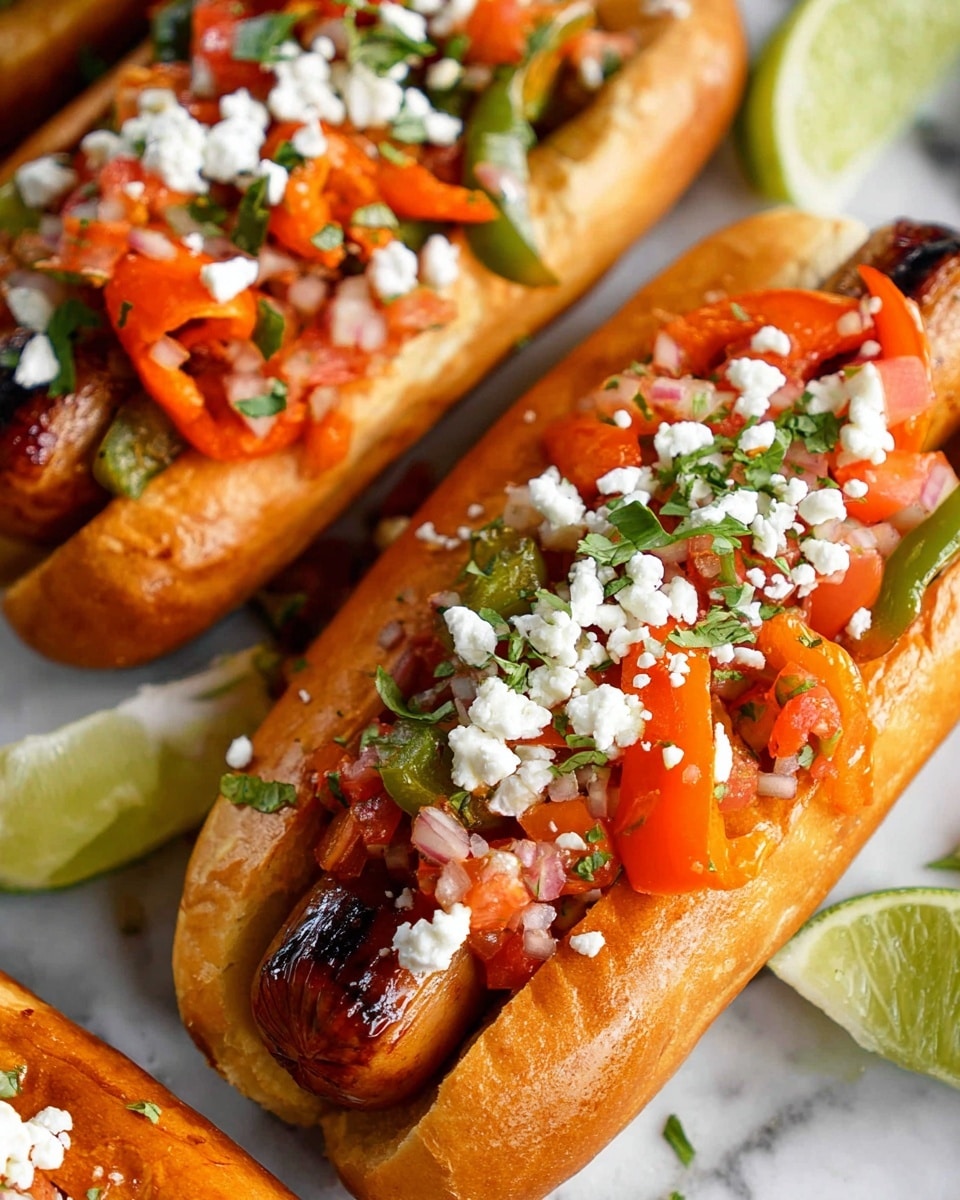 The image shows two hot dogs laid on a white marbled surface. Each hot dog has a soft golden brown bun layered with a grilled sausage inside. On top of the sausage, there are sautéed orange and green peppers mixed with chopped red tomatoes and small pieces of white onion. The toppings are sprinkled with white crumbled cheese and small green herbs. Around the hot dogs, there are lime wedges, adding a fresh touch to the scene. photo taken with an iphone --ar 4:5 --v 7
