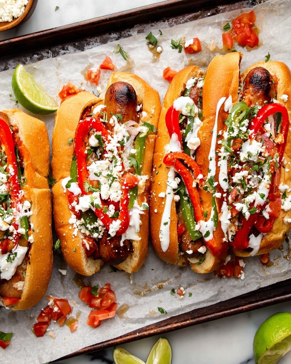 Four hot dogs are placed on white parchment paper on a dark baking tray, all resting on a white marbled surface. Each hot dog has a soft, light brown bun holding a grilled sausage at the base. On top of the sausage, there are strips of cooked red and green bell peppers, along with small pieces of diced tomato and finely chopped green herbs. The hot dogs are drizzled with white creamy sauce and sprinkled with crumbled white cheese. Around the hot dogs, there are scattered lime wedges and small bits of diced tomato and cheese. Some sauce is dripped on the parchment paper for a casual look. Photo taken with an iphone --ar 4:5 --v 7