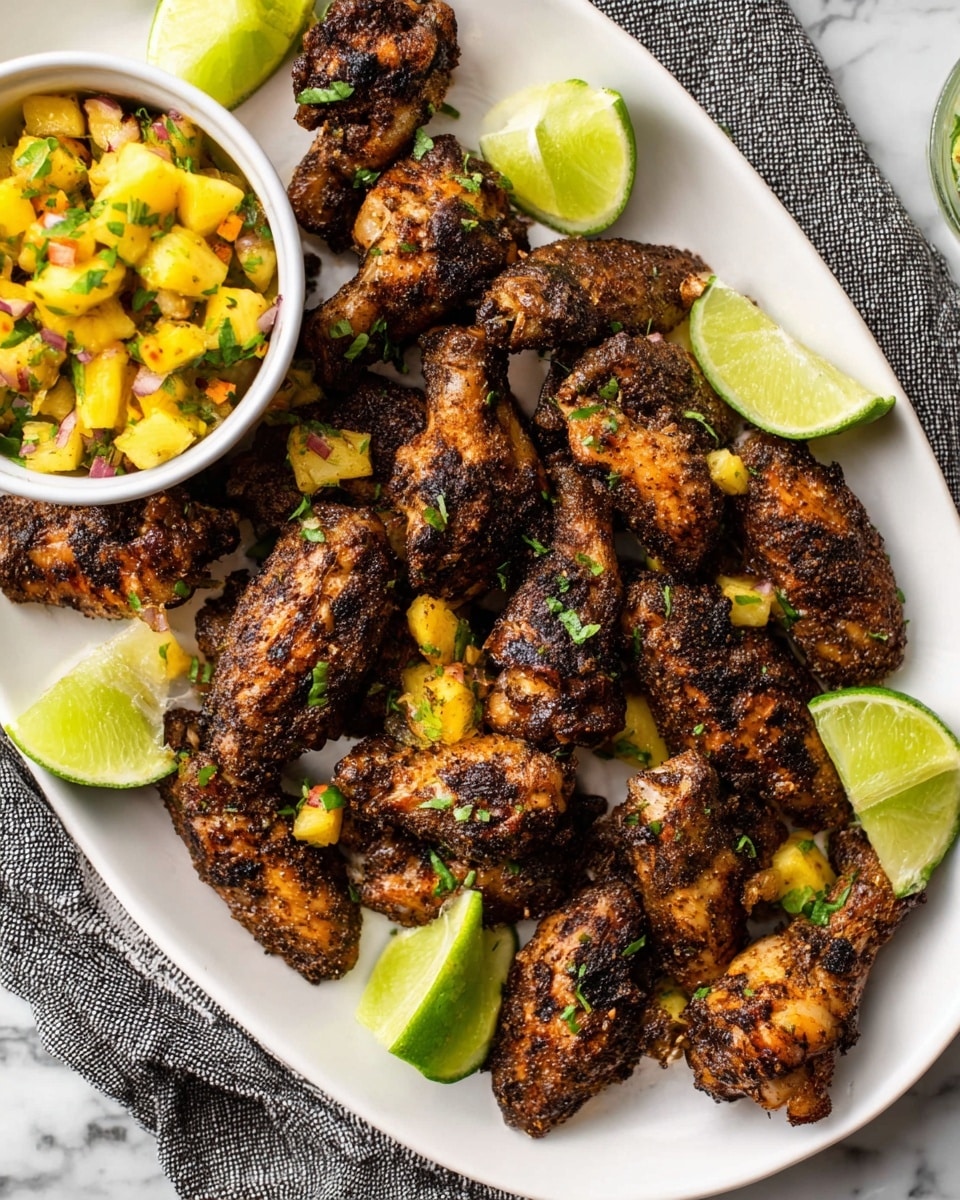 The image shows a white oval plate filled with grilled chicken wings that have a dark, crispy spice crust. The wings are arranged closely together with small green herb pieces sprinkled on top. On the plate are bright green lime wedges placed around the wings. Near the top side of the plate, a white bowl holds a yellow and green salsa made of diced pineapple, green peppers, and bits of red onion. The plate rests on a white marbled surface with a gray textured cloth partially visible underneath. Photo taken with an iphone --ar 4:5 --v 7