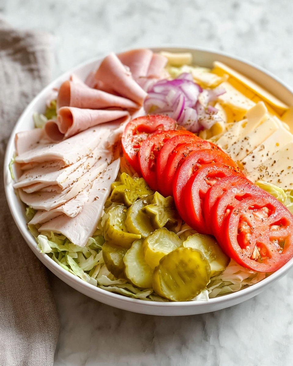 A white bowl filled with a colorful layered salad sits on a white marbled surface. The bottom layer is shredded pale green lettuce. On top, there are thin, curved slices of red tomato arranged in a neat row toward the front right. Next to the tomato, to the right, are green, crinkly pickle slices shaped like stars. Moving further right, there are pale yellow cheese slices with some black pepper sprinkled on top. At the back of the bowl, slightly to the left, are stacks of light pink folded ham slices with a fine sprinkle of black pepper on them. To the far left, white turkey slices are layered in a slightly arched shape. The textures vary from soft and smooth meats to crisp vegetables, giving the salad a fresh and appealing look. Photo taken with an iphone --ar 4:5 --v 7
