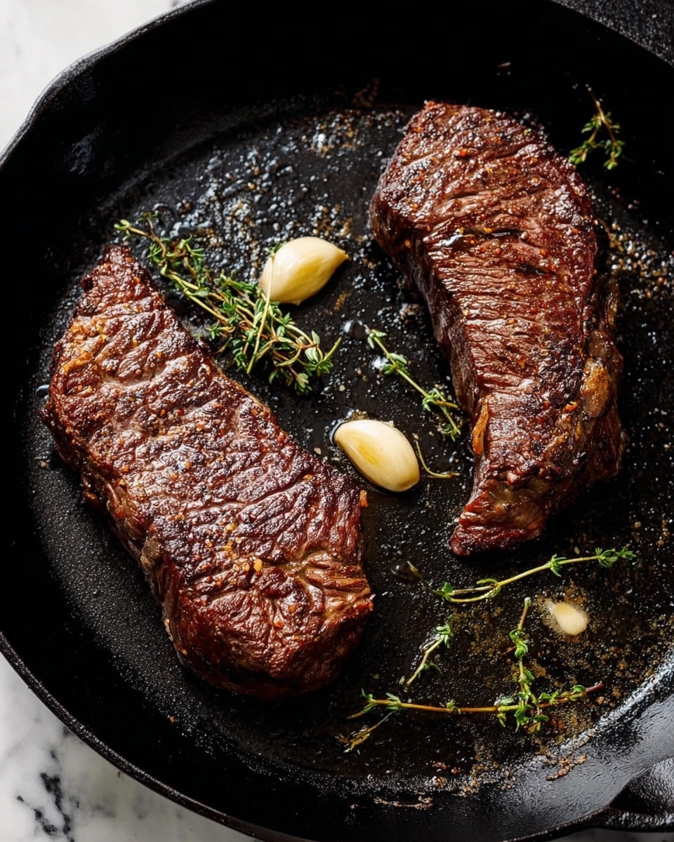 Two thick, dark brown seared steaks sit in a black cast iron pan, showing a rich textured surface with visible peppercorns and grill marks. There are three pale yellow garlic cloves placed around the steaks, along with a few sprigs of green thyme scattered in the pan. The meat's edges are slightly browned and crispy, suggesting it was cooked to a medium or medium-well level. Small drops of oil glisten on the pan’s surface, adding a shiny contrast to the matte black of the pan. The background is a white marbled texture. photo taken with an iphone --ar 4:5 --v 7
