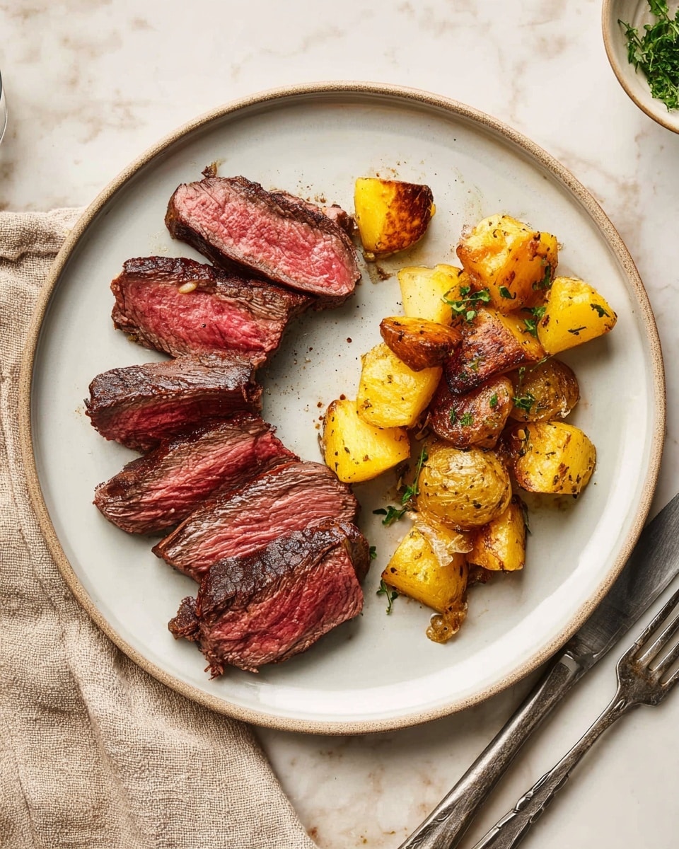 The dish shows a white round plate with two main parts: slices of steak and roasted potato pieces. On the left side, there are six medium-rare steak slices arranged in a slightly curved line, showing a dark brown seared outer edge and a juicy pink inside. On the right side, around nine golden-yellow roasted potato chunks with some brown crispy edges, scattered herbs add small green touches on top. The plate sits on a white marbled surface, with a fork and knife placed to the right on a beige cloth. photo taken with an iphone --ar 4:5 --v 7