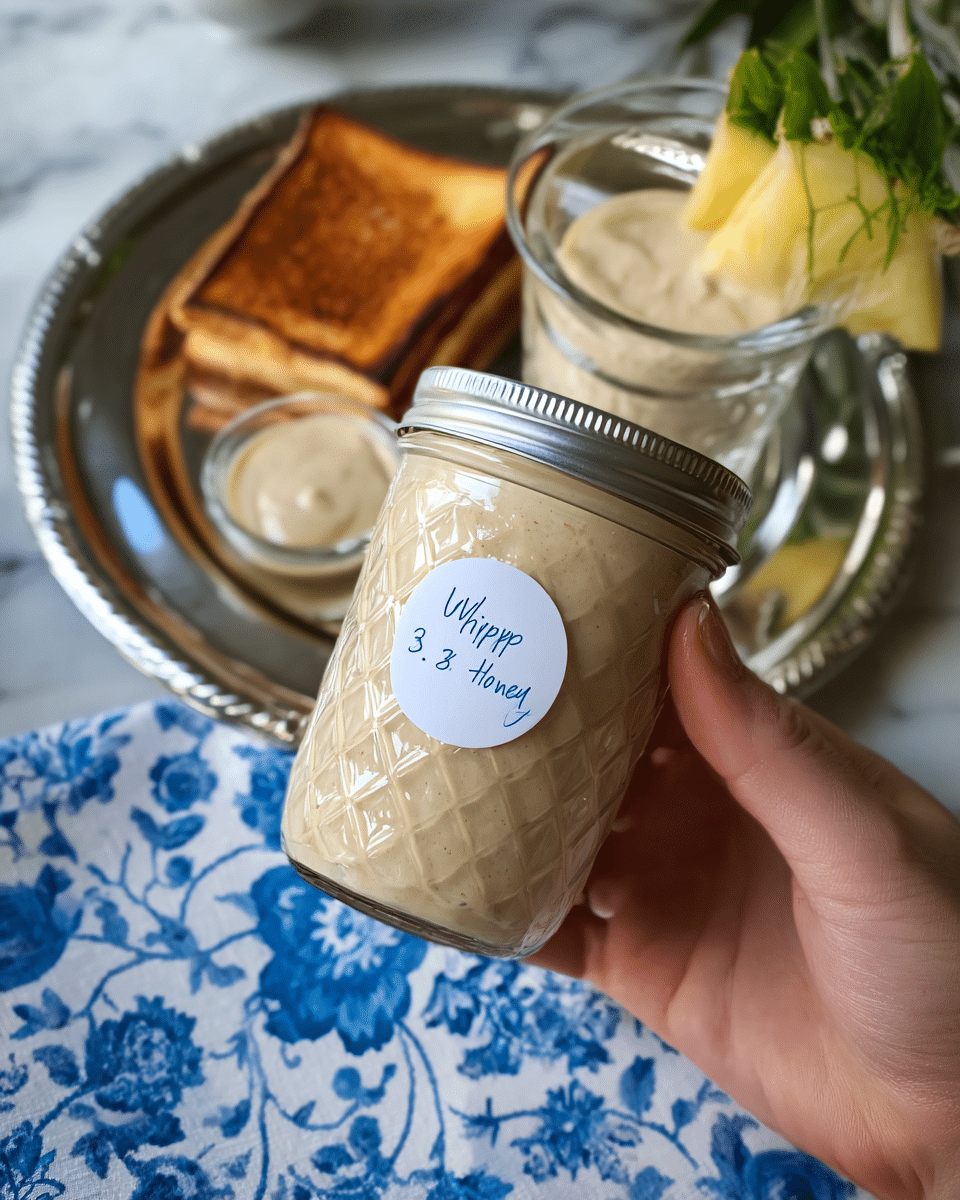 A close-up of a woman's hand holding a small glass jar filled with creamy whipped honey, which is light beige and smooth with a slightly textured pattern on the jar's surface; the jar has a silver metal lid and a white round label with blue handwriting that reads 