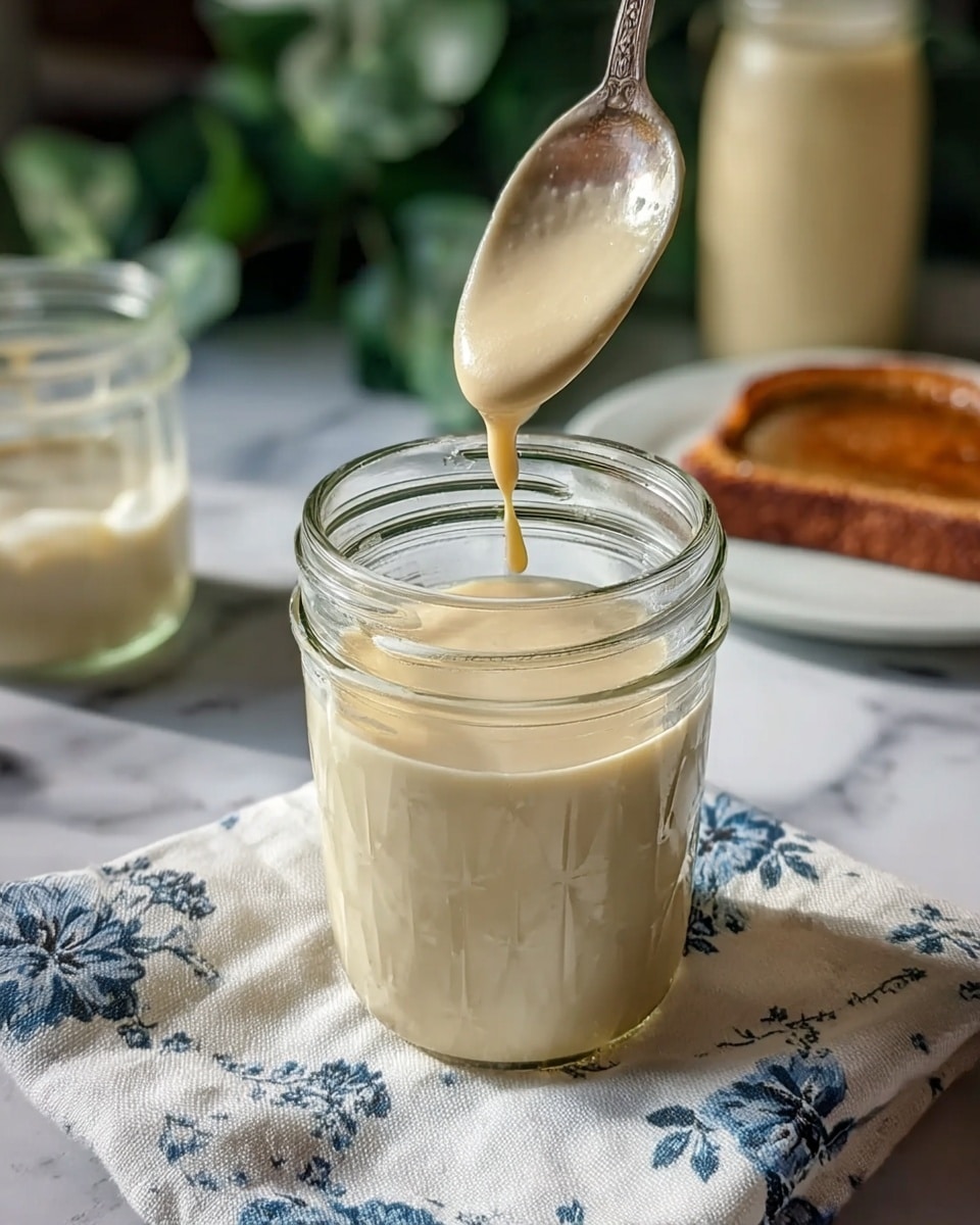 A clear glass jar filled with smooth, light beige sauce, with a spoon dripping the same creamy sauce back into the jar. The jar sits on a white cloth with blue floral patterns, placed on a white marbled surface. Behind the jar, there is a blurred background of green leaves and another jar filled with a similar light beige substance. To the right side, there is a blurred white plate with a toasted brown bread slice resting on it. Photo taken with an iphone --ar 4:5 --v 7