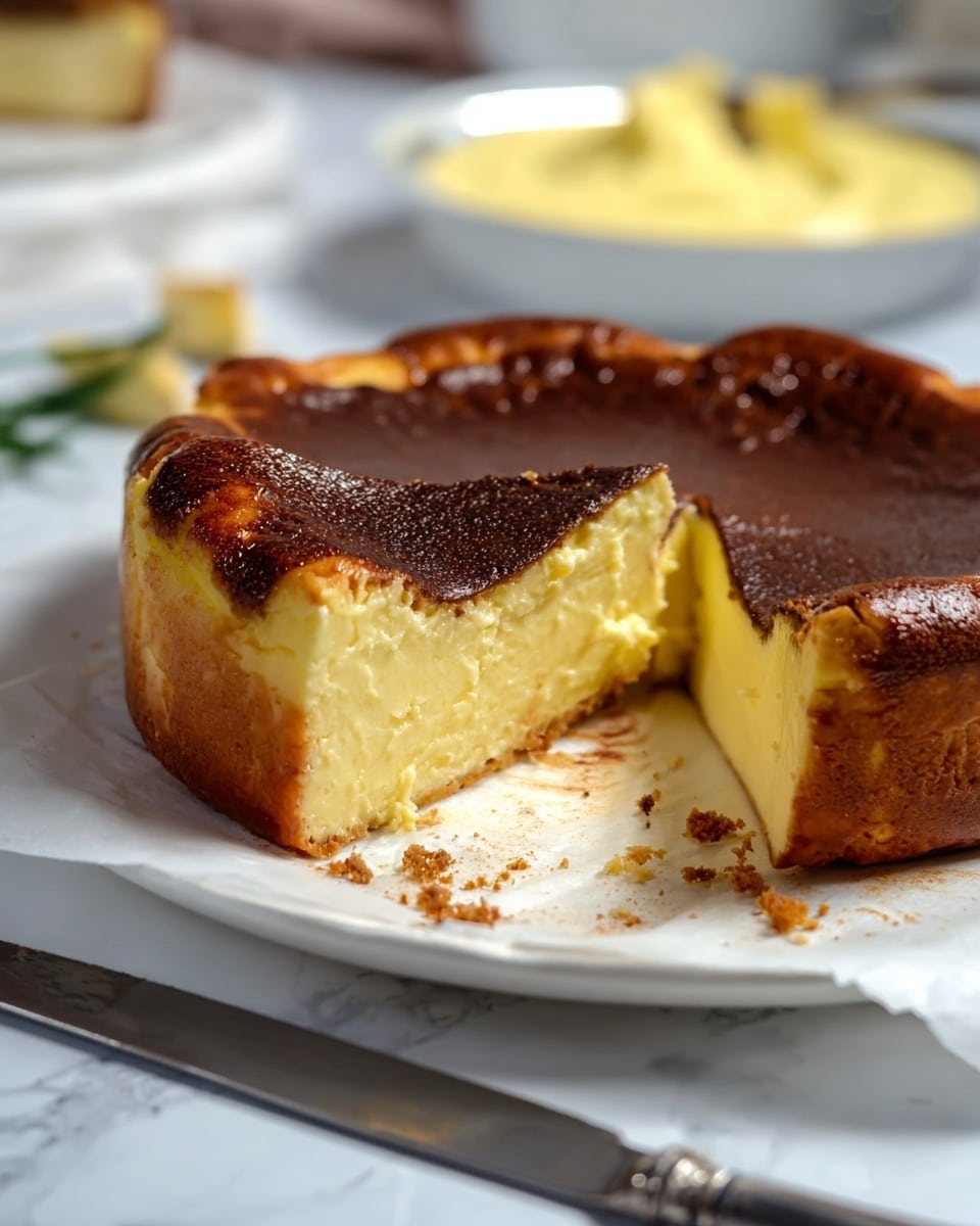The image shows a round cheesecake with two visible layers: the thick bottom layer is light yellow and creamy with a soft texture, and the top layer is a darker brown with a slightly burnt, shiny finish. The cake rests on white baking paper atop a white plate, with crumbs scattered around its base. A slice is cut out, showing the smooth, firm inside of the cheesecake. In the foreground, a metal knife with some crumbs lies on the white marbled surface. The background has a dish with yellow cream slightly blurred. photo taken with an iphone --ar 4:5 --v 7