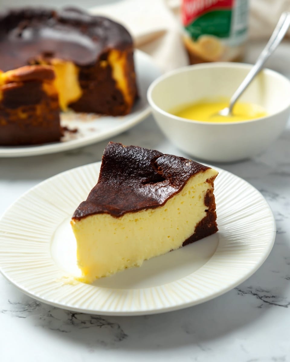 A slice of Basque cheesecake is placed on a white plate with subtle ridged edges, showing two main layers: the top and sides are dark brown with a slightly burnt, cracked texture, while the inner part is creamy pale yellow with a smooth and soft look. Behind it, part of the remaining cheesecake is visible on another white plate, revealing a thick, creamy inside and the same burnt exterior. A small white bowl with a yellow sauce and a metal spoon beside it sit in the background on a white marbled texture. The whole image is clear and bright, photo taken with an iphone --ar 4:5 --v 7