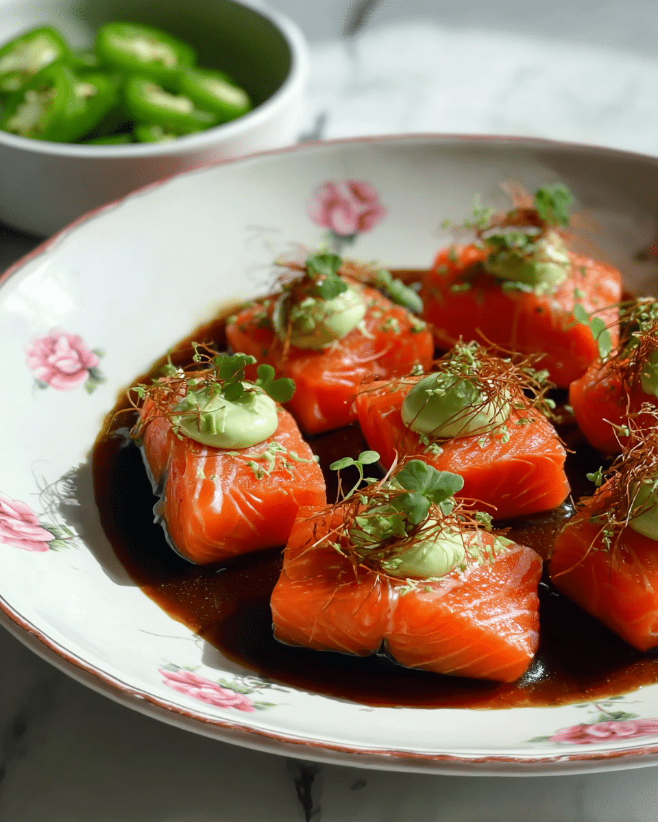 The image shows six pieces of vibrant orange raw salmon arranged on a white plate with small pink flower patterns around the edges. Each piece of salmon rests on a dark brown sauce that spreads across the plate. On top of each salmon piece, there is a dollop of a light green creamy sauce, a small thin green slice, and crispy thin brown strands adding texture. Small green herb leaves are scattered over the salmon pieces, adding freshness. The plate sits on a white marbled surface, and in the background, a white bowl holds green sliced peppers. The lighting highlights the glossy texture of the salmon and sauces. photo taken with an iphone --ar 4:5 --v 7