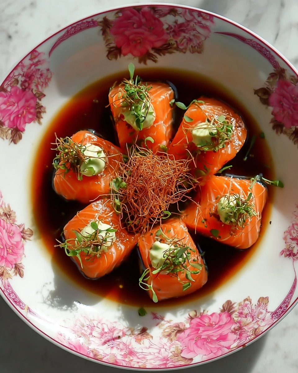 The dish shows six pieces of bright orange salmon sashimi arranged in a circular pattern on a white plate with pink floral designs. Each piece of salmon has a topping of thin green herbs or leaves, a small dollop of light green creamy sauce, and a small bundle of thin, crispy brown strands. The salmon sits in a dark brown sauce that fills the plate's inner circle, contrasting with the bright orange salmon. The plate is placed on a white marbled surface in soft natural light, enhancing the fresh colors and textures. photo taken with an iphone --ar 4:5 --v 7
