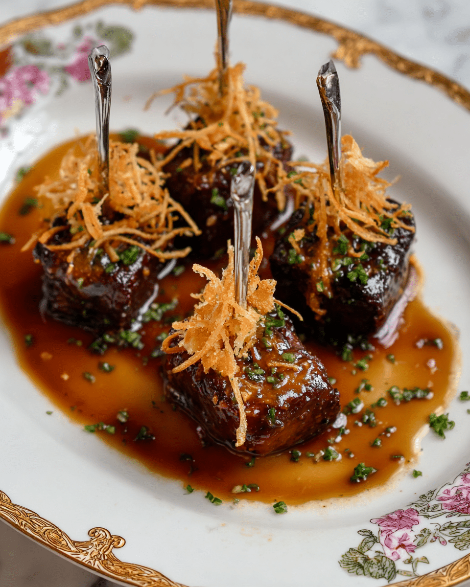 Three dark brown grilled meat cubes with a sticky glaze are placed on a white plate with floral patterns and golden edges; each cube is pierced with a silver skewer. On top of each meat cube is a nest of thin, crispy, golden fried strips, sprinkled lightly with chopped green herbs. The plate has a pool of rich brown sauce around the meat, and small green herbs are scattered over the sauce and plate. The dish sits on a white marbled surface. photo taken with an iphone --ar 4:5 --v 7