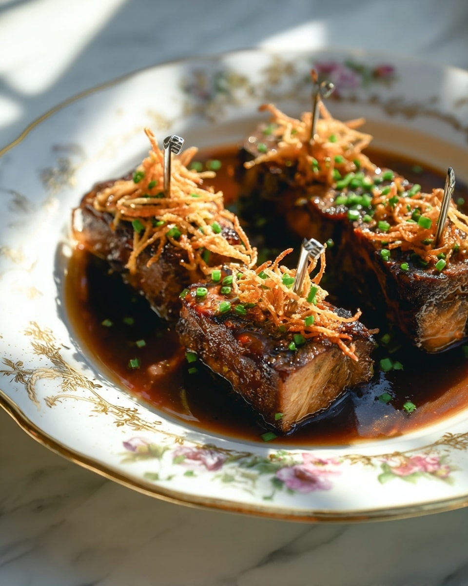 The dish shows four thick, square pieces of grilled meat sitting in a rich, dark brown sauce that pools on a white plate decorated with small flowers and gold patterns around the rim. Each meat piece has a silver skewer through it and is topped with a small bundle of crispy golden fried thin strips, resembling fried onions or potatoes. Small green herbs, likely chopped chives, are sprinkled both on the meat and sauce, adding a fresh, bright green contrast. The plate rests on a white marbled surface with soft natural sunlight highlighting the textures and colors. Photo taken with an iphone --ar 4:5 --v 7