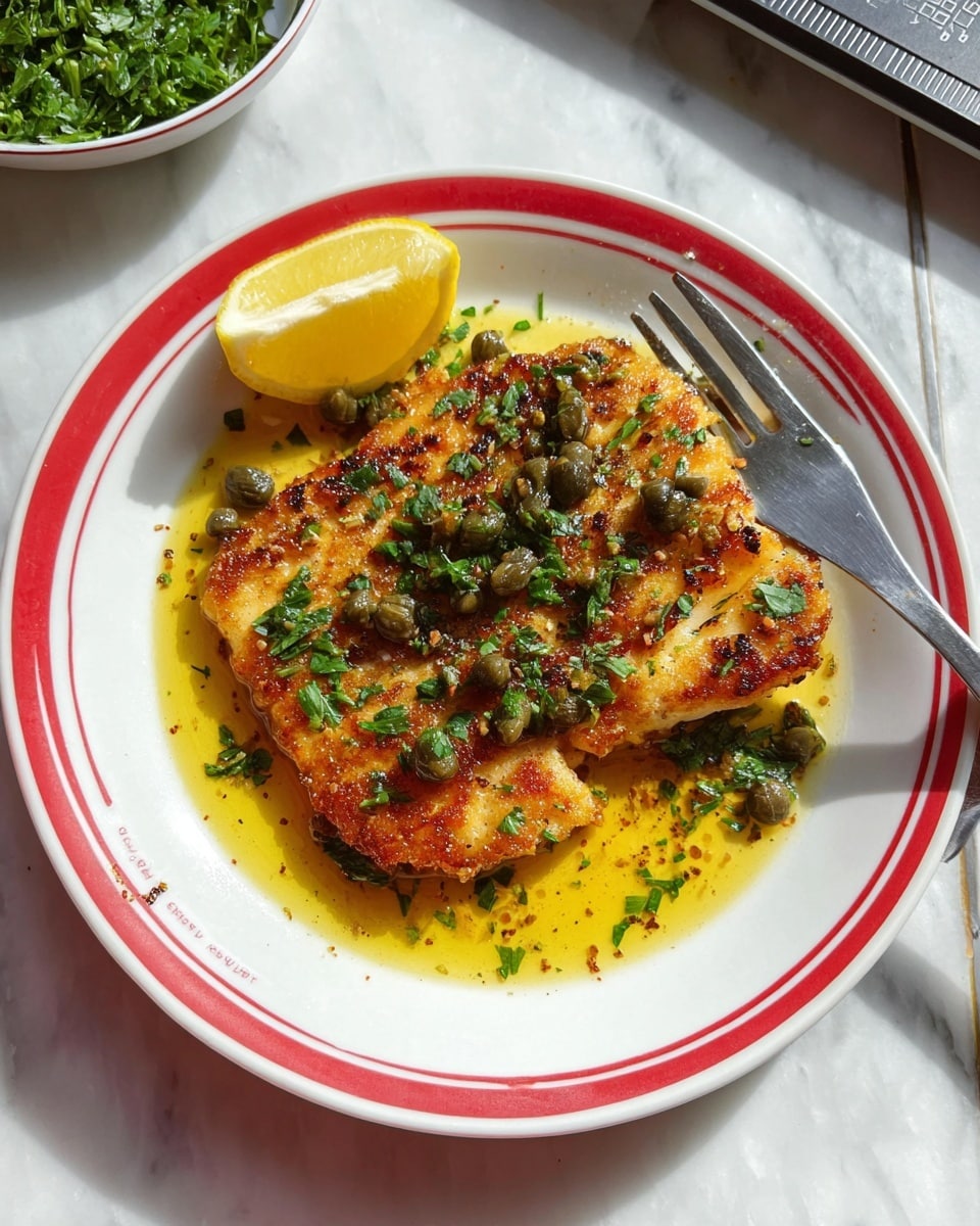 A white plate with red rings around the edges holds a piece of golden-brown cooked fish, topped with green herbs and small dark green capers. There is a pool of yellow oily sauce under the fish, giving it a glossy look. To the upper left of the fish, a wedge of bright yellow lemon rests on the plate. A silver fork is placed on the right side of the plate, partly resting on the fish. The plate is set on a white marbled surface, with a partial view of chopped green herbs in a white bowl in the background. Photo taken with an iphone --ar 4:5 --v 7