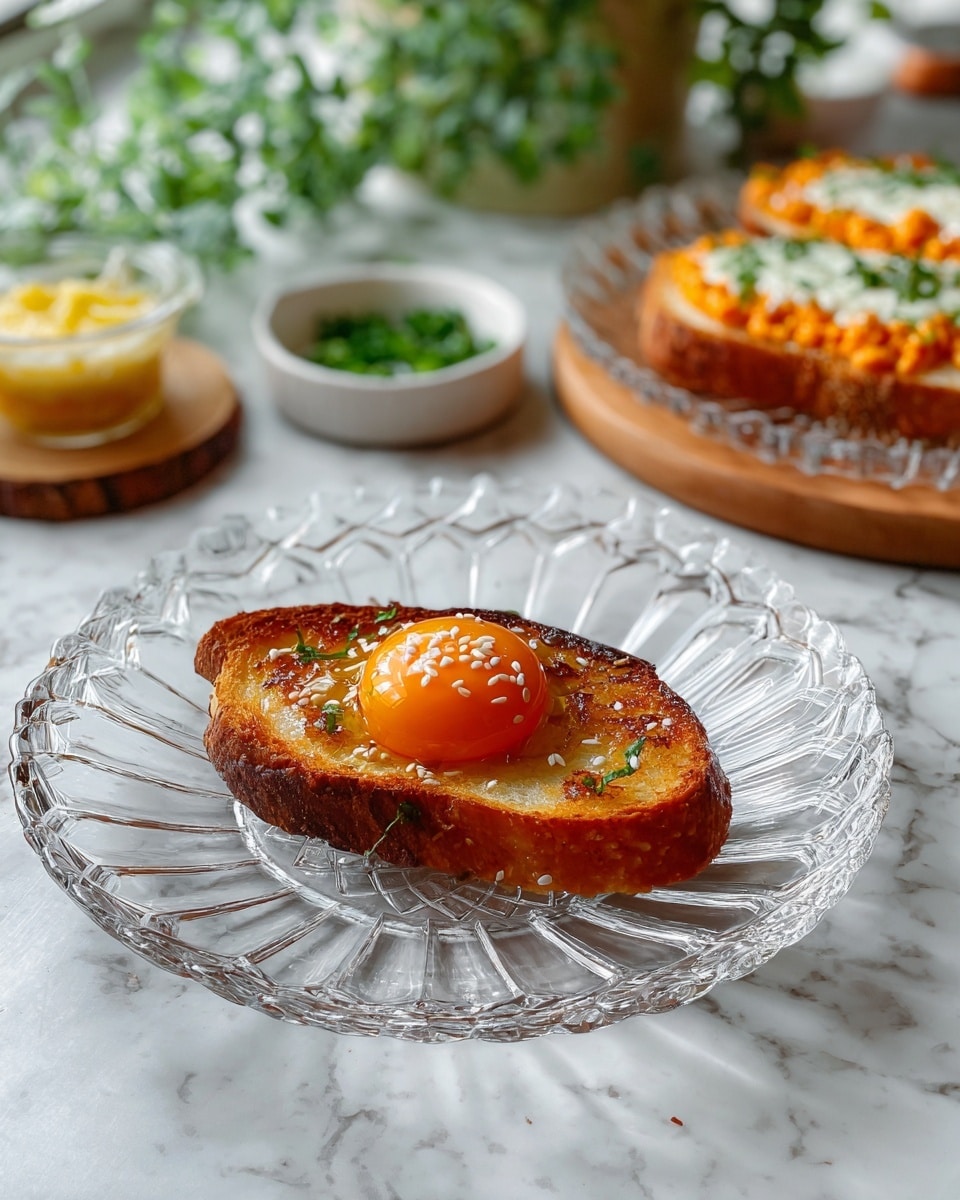 A single slice of toasted bread with a crispy golden-brown texture sits centered on a clear, ornate glass plate. On top of the bread is a smooth, glossy orange yolk-like sphere sprinkled with white sesame seeds. In the blurred background, there is another similar bread slice topped with orange spread and green herbs on a clear glass plate placed on a wooden board. Nearby, there is a small white bowl with chopped green herbs and a wooden round container with a creamy yellow substance inside, all set on a white marbled surface with green plants adding a natural touch. Photo taken with an iphone --ar 4:5 --v 7