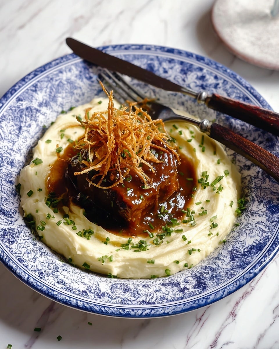 A blue and white patterned plate holds a dish with three visible layers; the bottom layer is creamy white mashed potatoes spread in a thick ring shape, the middle layer is a dark brown piece of meat covered in a shiny brown sauce, and the top layer is a small mound of thin, crispy golden-brown fried strips. The mashed potatoes are sprinkled with finely chopped green herbs. A dark fork and knife rest on the plate near the meat. The plate is placed on a white marbled surface. Photo taken with an iphone --ar 4:5 --v 7