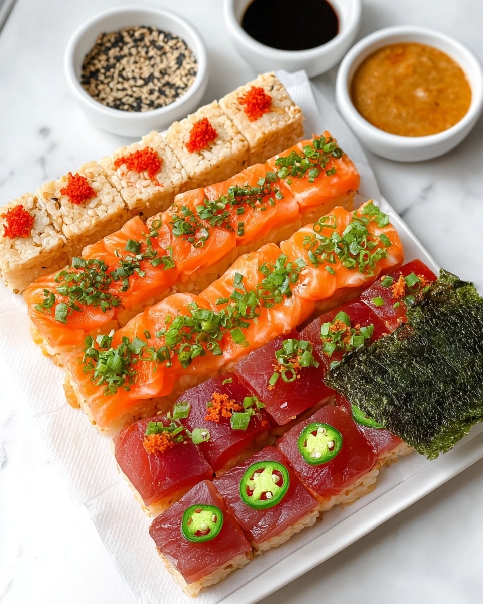 The image shows a rectangular sushi platter with three rows of square sushi pieces on a sheet of white paper, set on a white plate over a white marbled surface. The top row has light beige blocks topped with small red chili slices and garnished with green herbs, the middle row features bright orange slices of salmon with finely chopped green herbs sprinkled on top, and the bottom row displays deep red tuna pieces each topped with sliced green jalapeño. On the right side of the plate, there are two pieces of dark green seaweed. In the background, three small white bowls hold black and white sesame seeds, sliced green onions in a brown sauce, and a creamy orange dipping sauce. photo taken with an iphone --ar 4:5 --v 7