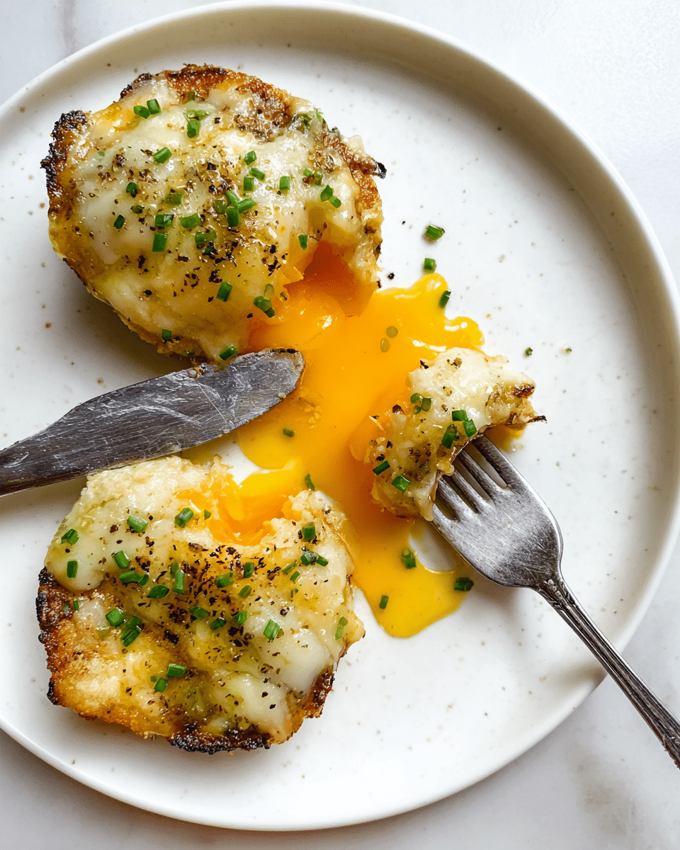 A white plate holds two pieces of a small round dish, each topped with a layer of melted, slightly golden cheese with green chives sprinkled on top and black pepper scattered over. One piece has a fork lifting a bite-sized portion, showing a gooey, running orange yolk underneath a crispy browned base. The second piece remains whole, showing a darker textured base beneath the cheese. A knife with a bit of yolk rests on the plate near the pieces, all placed on a white marbled surface. Photo taken with an iphone --ar 4:5 --v 7