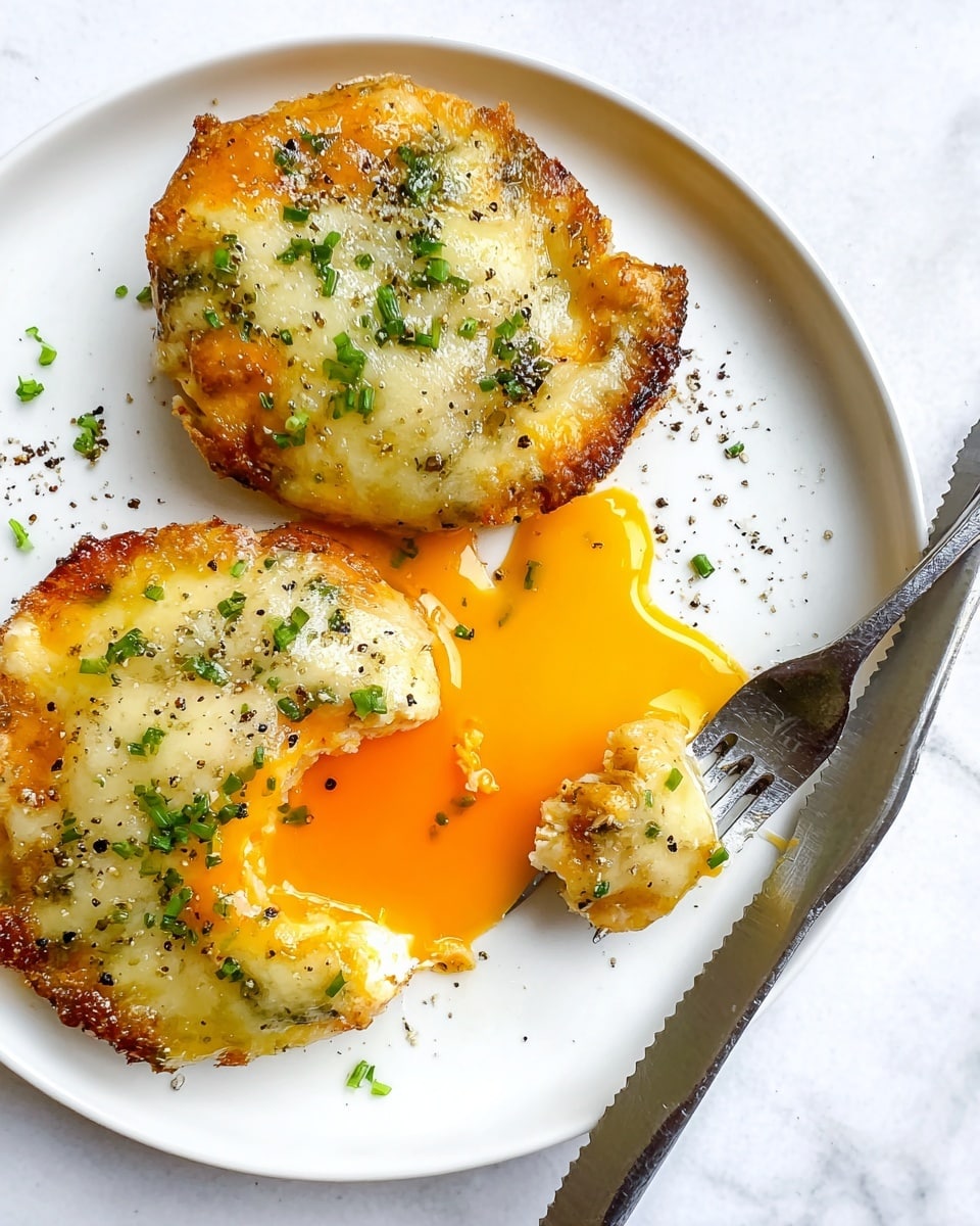 Two cheesy egg dishes sit on a white plate placed on a white marbled surface. Each dish has a crispy, golden-brown bottom layer topped with a thick, melted cheese layer that is pale yellow with green herbs mixed into it. One dish remains whole, while the other is partially cut, revealing a runny, bright orange egg yolk flowing onto the plate. Small bits of chopped green herbs and ground black pepper are sprinkled over both dishes and the plate. A fork with a piece of the cheesy egg is resting on the plate, while a serrated knife is placed near the edge. Photo taken with an iphone --ar 4:5 --v 7