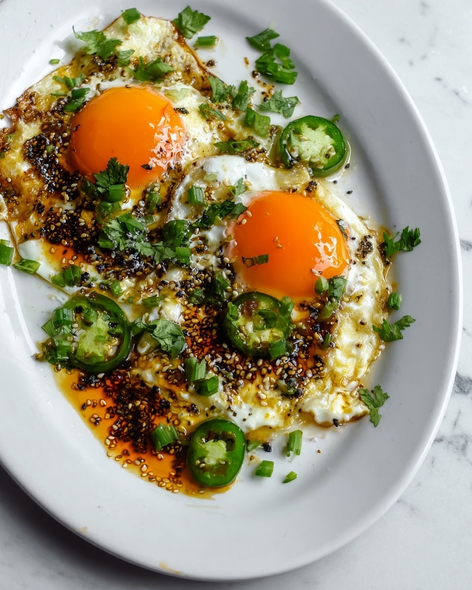 A white plate holds two fried eggs with bright orange yolks in the center, each yolk surrounded by tender, slightly crispy white egg edges. The surface of the eggs is topped with a dark, oily sauce mixed with sesame seeds, minced garlic or shallots, and black pepper, creating a glossy texture. Fresh green sliced jalapeños and chopped green herbs, including chives and cilantro, are scattered on top and around the eggs, adding a fresh and colorful contrast. The plate rests on a white marbled surface. photo taken with an iphone --ar 4:5 --v 7