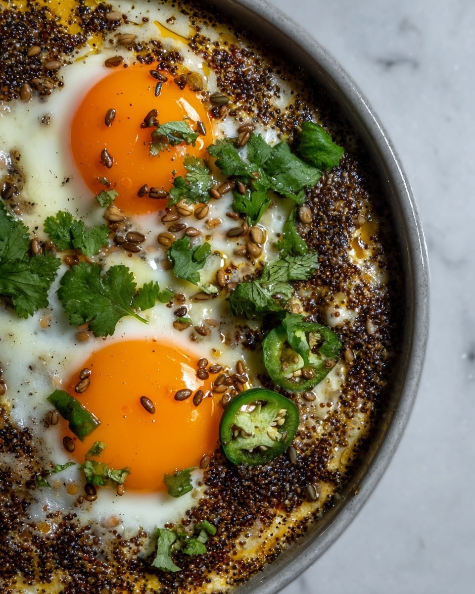 The dish shows two cooked eggs sunny side up, with bright orange yolks sitting on a white, slightly bubbly cooked egg white base. Around the yolks is a layer of dark brown, textured seasoning mixed with seeds and small green onion bits. Thin slices of green chili and fresh green cilantro leaves are scattered on top, adding color and freshness. The food is served in a round, white dish and placed on a white marbled surface. photo taken with an iphone --ar 4:5 --v 7