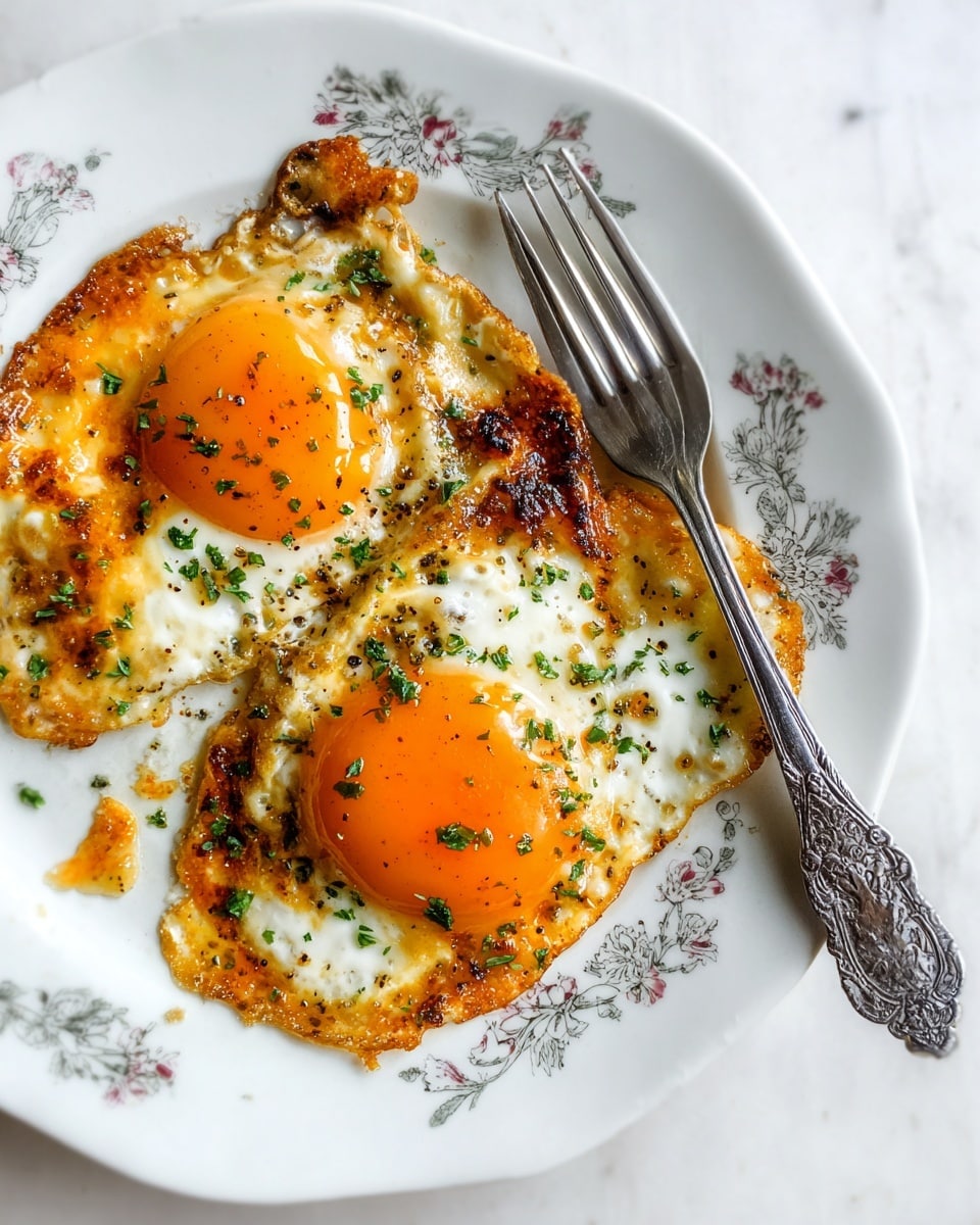 Two fried eggs with bright orange yolks and slightly browned, crispy edges sit on a white plate with a floral pattern. Each egg white is cooked unevenly with some charred, blackened spots, giving a textured look. The eggs are sprinkled with finely chopped green herbs and black pepper. A silver fork rests beside the eggs on the plate, its handle decorated with an ornate design. The plate is set against a white marbled surface. photo taken with an iphone --ar 4:5 --v 7