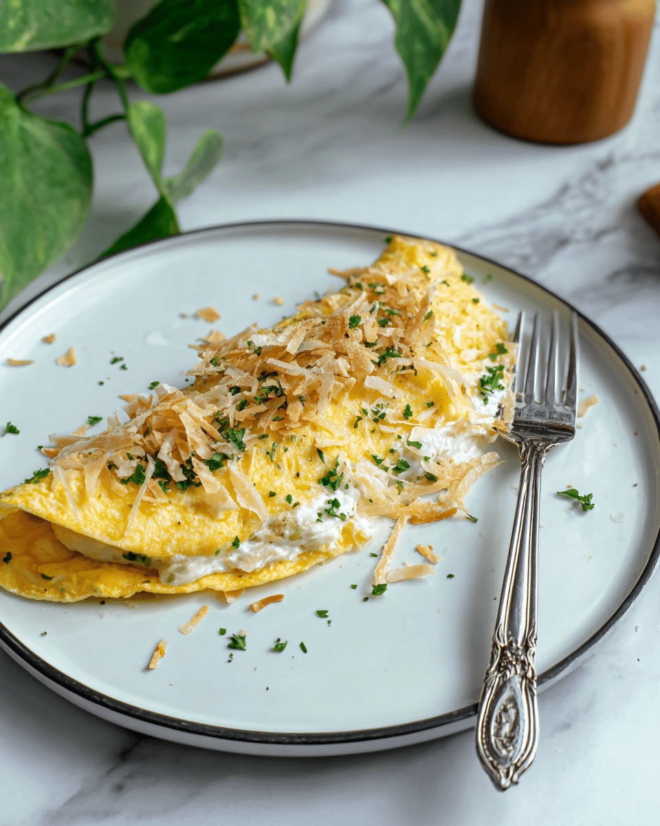 A single rolled yellow omelette layer is placed in the center of a white plate with a thin black edge. The omelette is filled with a creamy white mixture visible at one end. On top of the omelette, there is a scattered topping of light beige crispy flakes and small green chopped herbs that add texture and color contrast. A silver fork with an ornate handle rests diagonally on the right side of the plate, partially on the omelette. The plate is set on a white marbled surface with blurred green leaves and a wooden container in the background. Photo taken with an iphone --ar 4:5 --v 7