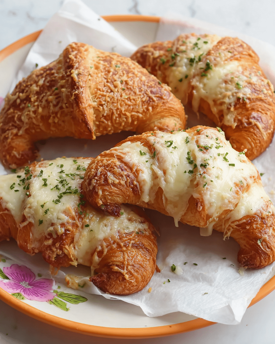 Four golden brown croissants are arranged on a piece of white parchment paper placed on a white plate with an orange edge and floral design. Each croissant is topped with a thick layer of melted white cheese that has a slightly textured, melted look, sprinkled with small green herb pieces. The croissants have a flaky, crispy texture visible on the surface. The background is a white marbled texture. photo taken with an iphone --ar 4:5 --v 7