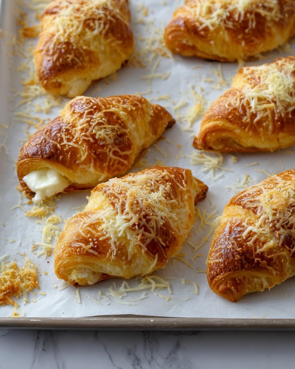The image shows six golden-brown croissant-shaped pastries on white parchment paper on a baking tray, placed over a white marbled surface. Each crescent-shaped pastry is topped with a generous layer of melted, slightly toasted shredded cheese that has a light cream color with some browned spots. The croissants appear flaky with a soft, slightly creamy filling visible in the front pastry where a bit of white cream is oozing out. There are bits of shredded cheese scattered around the pastries on the parchment paper, adding texture to the scene. The overall look is warm and inviting, showing freshly baked, cheesy croissants. photo taken with an iphone --ar 4:5 --v 7